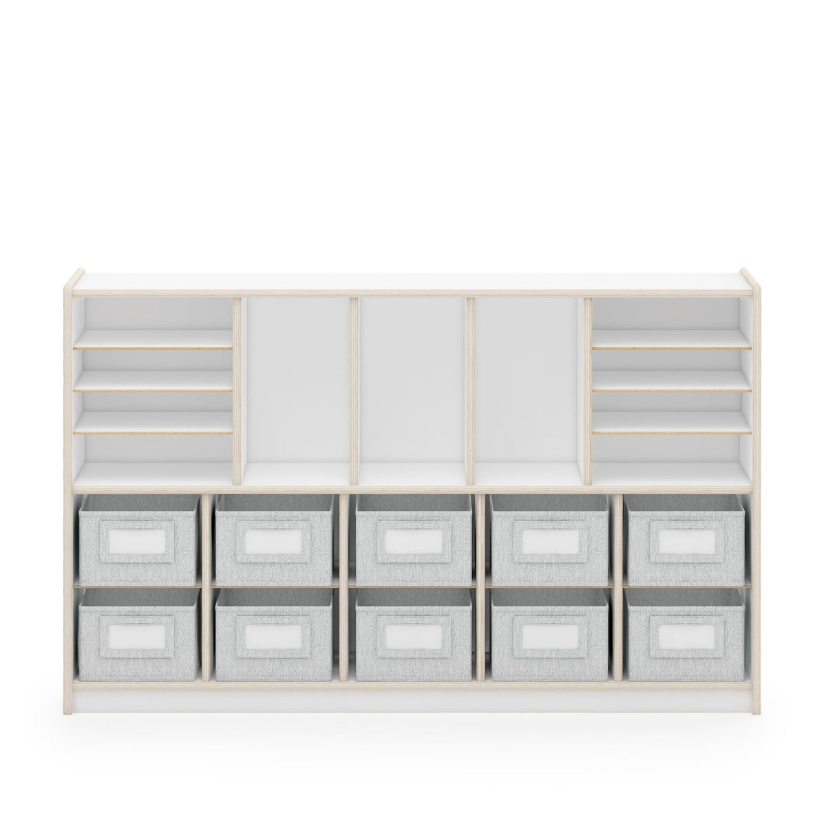 Guidecraft EdQ Shelves and 10 Bin Storage Unit- White: Display Shelf Storage Organizer for Home, School and Office; Wooden Book Cubby and Toy Shelf