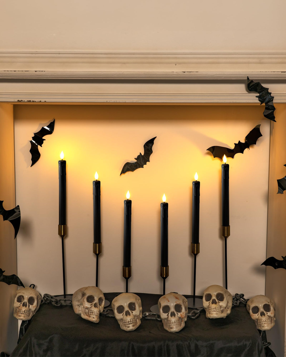 Homemory Black Flameless Taper Candles Flickering, NO Remote, 9.6 Inches Battery Operated, 6 Pcs Realistic Electric LED Candlesticks Made of Plastic for Halloween Party Home Decor