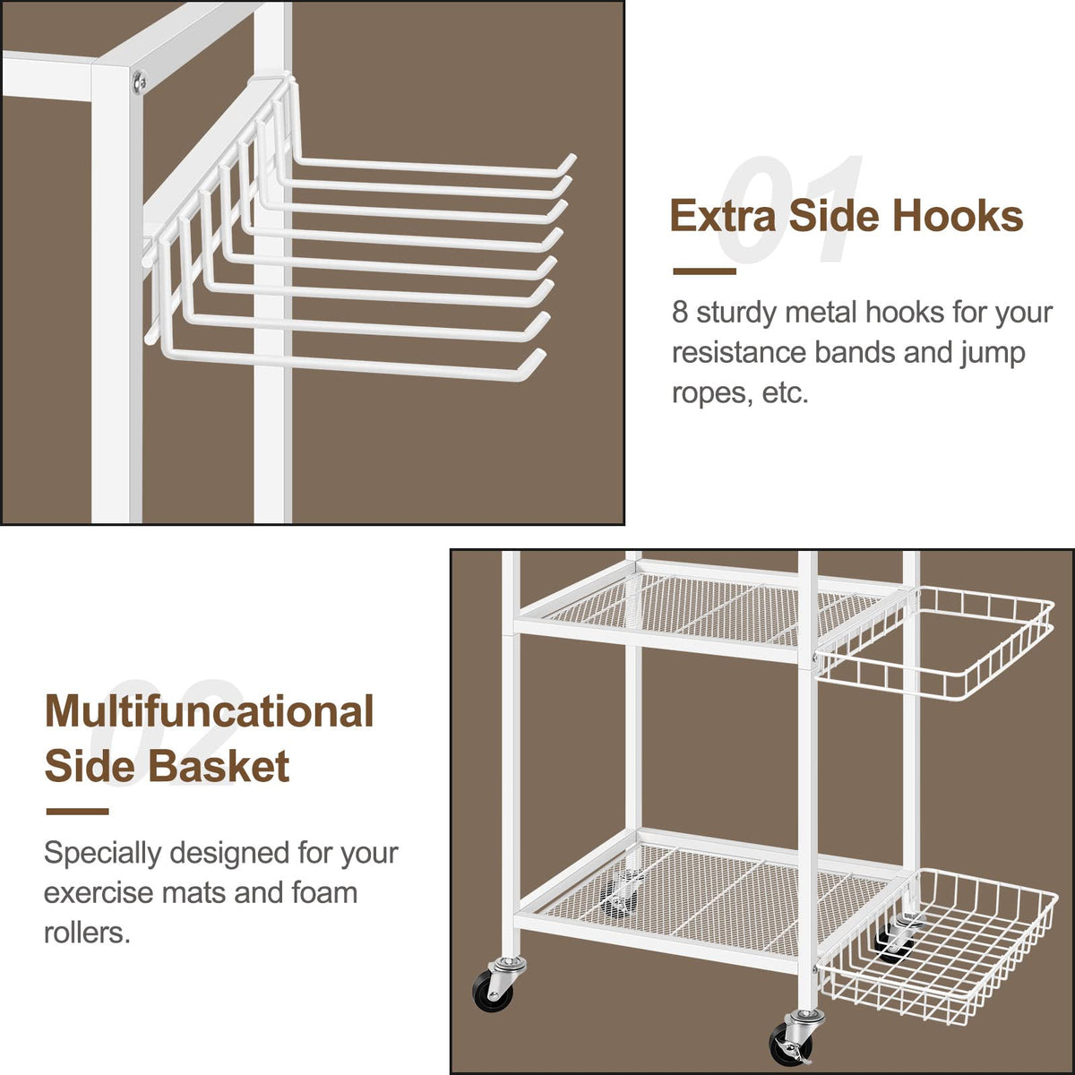 Weight Rack for Dumbbells Yoga Mat Storage Rack Home Gym Equipment Storage Rack Workout Equipment Storage Cart with Hooks for Yoga Mats, Dumbbells, Kettlebells, and Resistance Bands, White