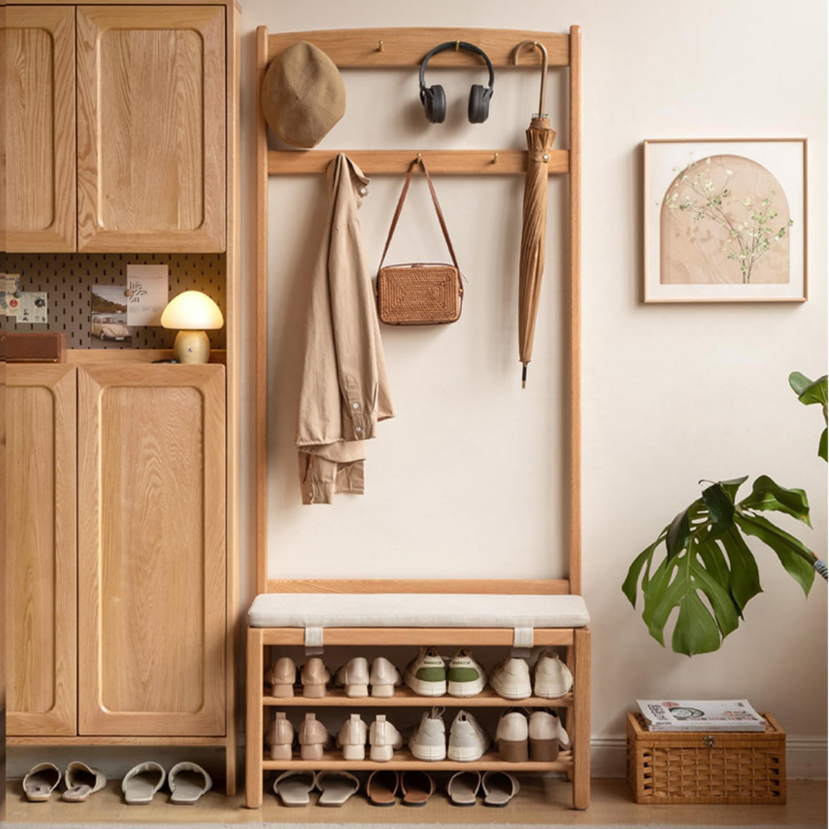 Vadisun Oak Coat Rack, Solid Wood Hall Tree with Shoe Bench, 2-Tier Shoe Rack with 7 Hooks for Entryway, Hallway, 13.8" x 31.5" x 72.8", Natural