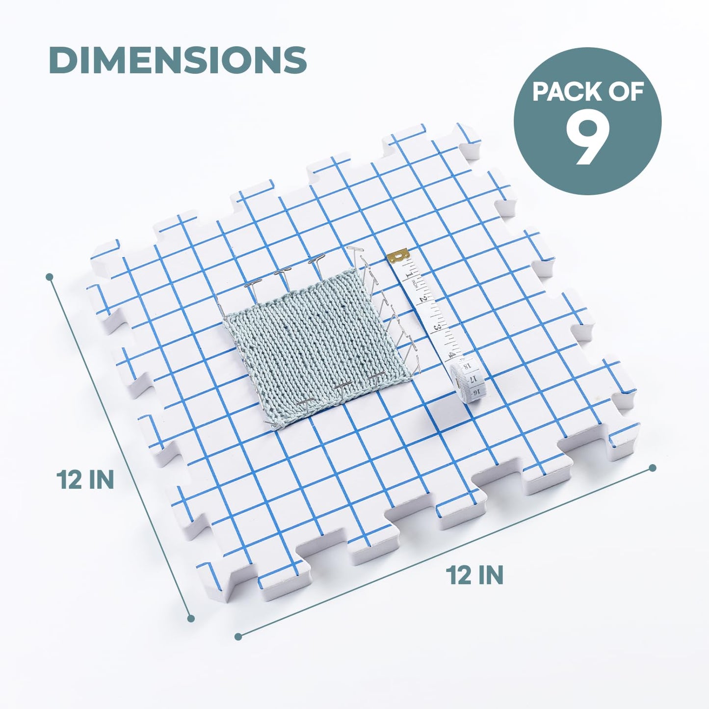 Blocking Mats for Knitting - KnitIQ Extra Thick Blocking Boards for Crochet Projects with Gridlines - 100 T-Pins and Storage Bag Included for Knitting Supplies - Standard Mat Set - Pack of 9