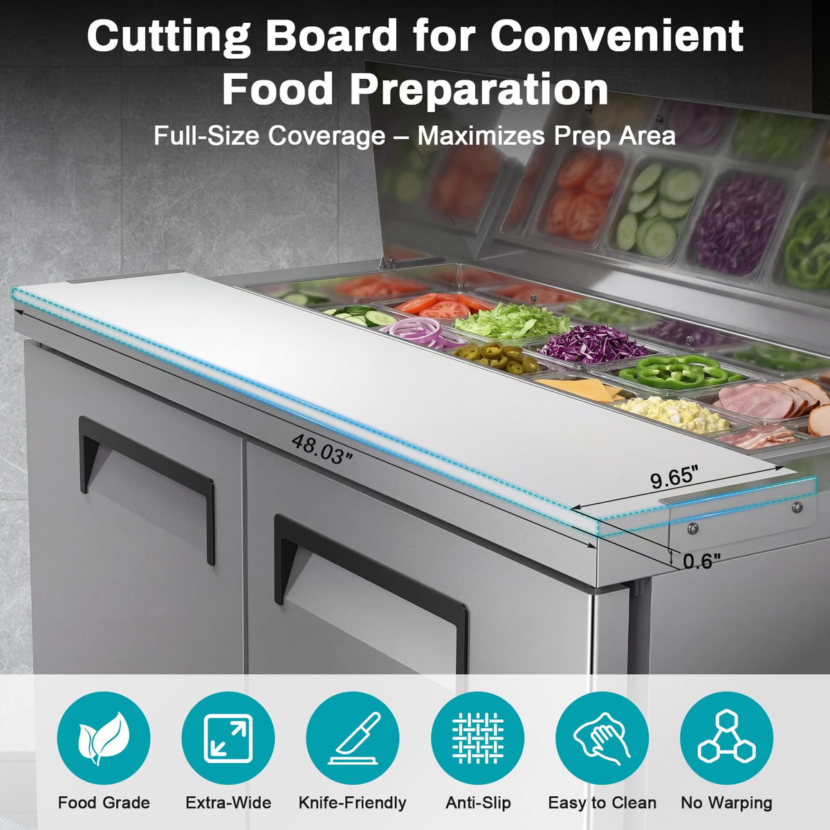 Velieta Commercial Refrigerator 48 inch, 12.7 cu.ft 2 Door Salad Prep Table, Stainless Steel with 12 Pans, Cutting Board & Casters, Sandwich Prep Fridge for Restaurant, Food Truck, Catering