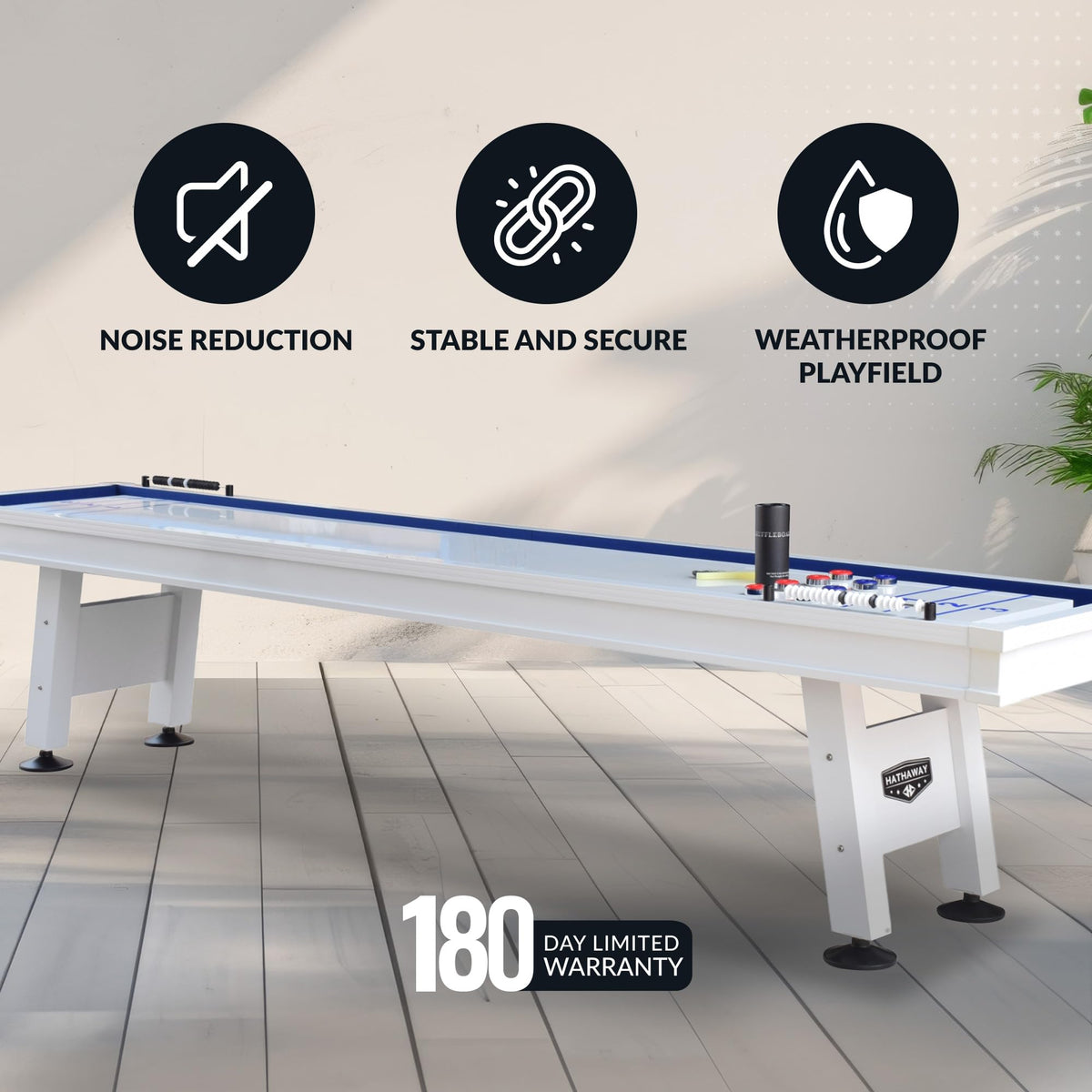 Hathaway Crestline 12 Ft Outdoor Shuffleboard Table for Patio, Yard & Deck - with Weatherproof Playfield, Built-in Scorer & Fitted Cover, Leg Levelers, 8 Pucks, Wax – White Finish
