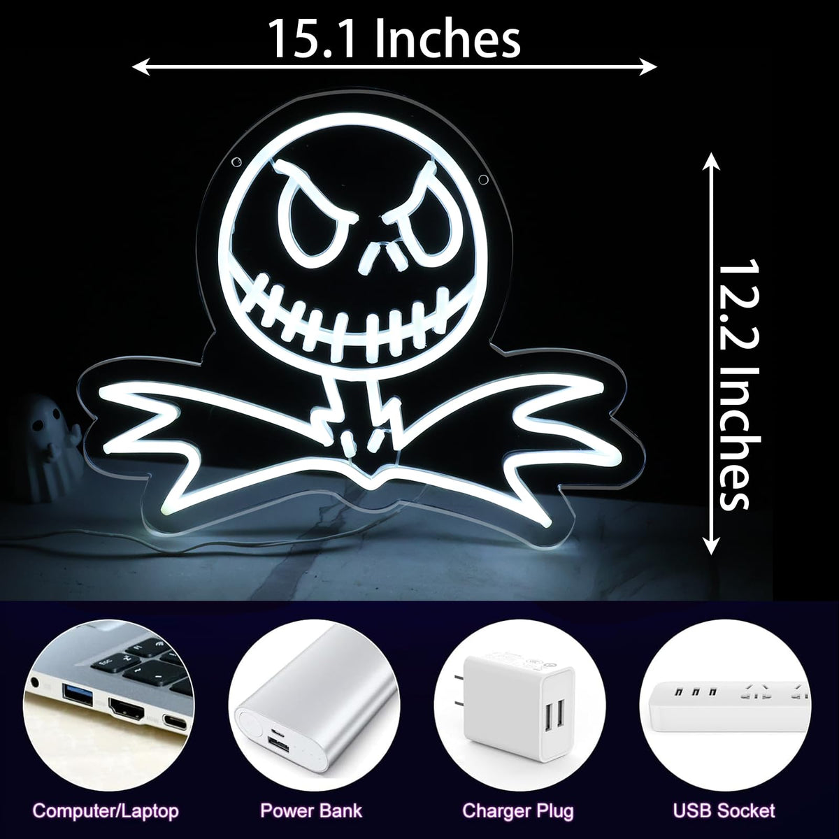 DAOXUZO Jack Skellington Neon Sign, Dimmable Light Up Skeleton Hanging USB Powered for Wall Decor, Living Room, Bedroom, Game Room Decor, Birthday Halloween & Christmas Gifts 15.1 * 12.2 inch