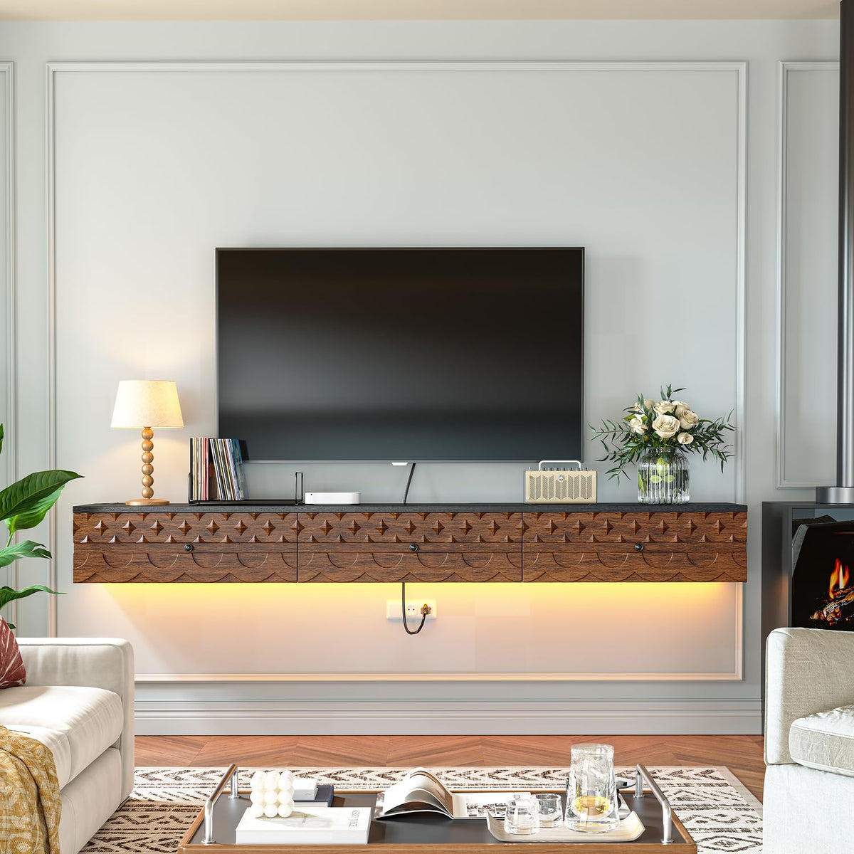 FurniNova Fully Assembled Floating TV Stand, 55 inch Wall Mounted Media Console with Carved Solid Wood Doors & 2 Drawers, Plywood Entertainment Center for Living Room, Black & Walnut