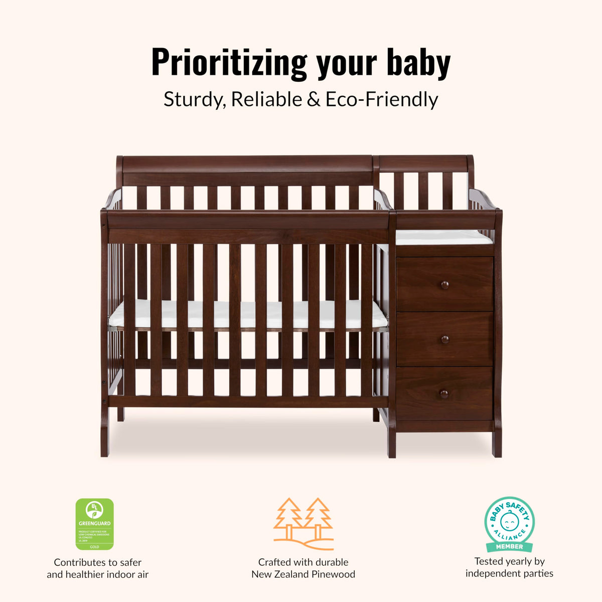Dream On Me Jayden 4‑in‑1 Mini Convertible Baby Crib & Changer with Storage in Espresso, Pinewood, GreenGuard Gold & BSA, 1” Mattress Pad, 3 Mattress Heights, Converts to Mini Day & Twin-Size Bed