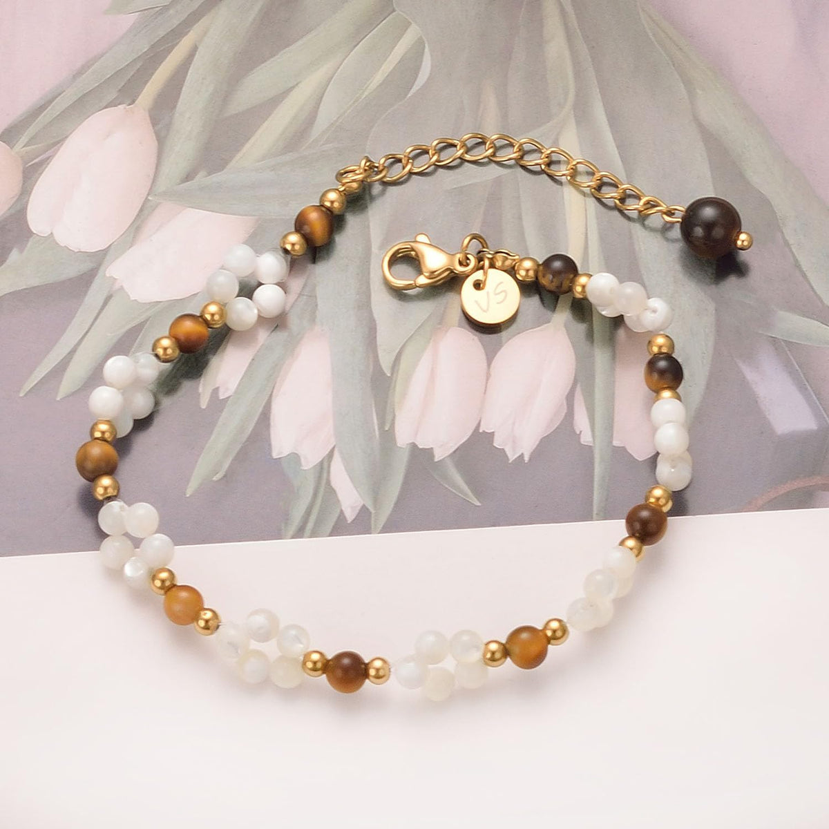 vissen White Pearl Flower Bracelet for Women Beaded Tiger Eye Stone 14K Gold Plated Adjustable Natural Stone Bracelets Dainty Jewelry