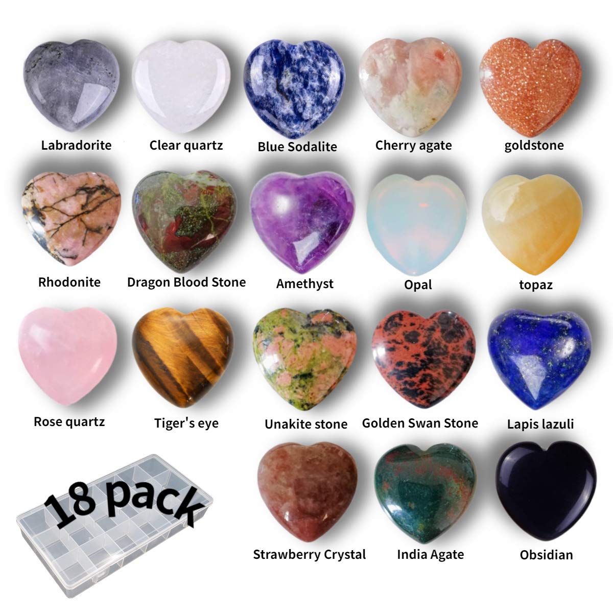 XMHOME Crystal Heart Shaped Stones Set Assorted Natural Variety Pack Gemstones 1" (25 * 25 * 12mm) Pocket Worry Palm Stone Rock Collection Box for Healing Reiki Jewelry Making Home Decor 18Pcs