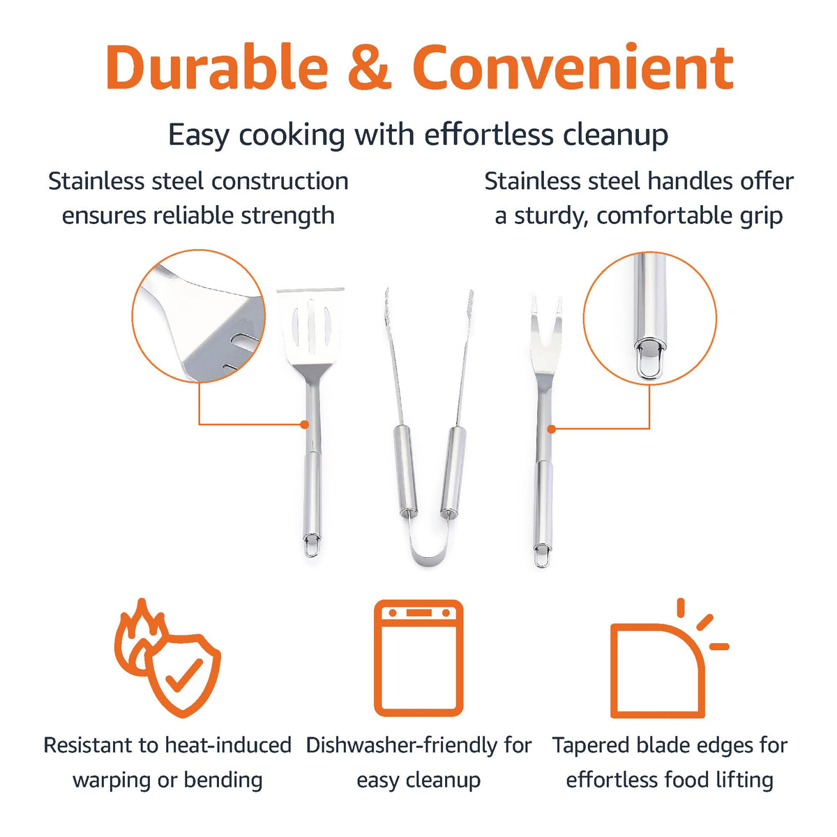Amazon Basics 4-Piece Stainless Steel BBQ Grilling Tool Set with Carry Bag, Rust-Resistant, Dishwasher Safe
