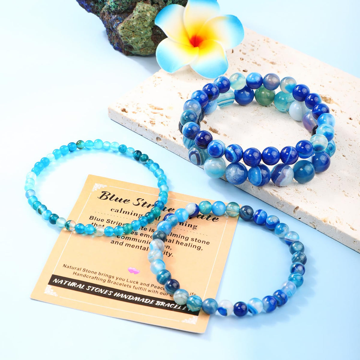 AD Beads 10mm Handmade Blue Stripe Agate Elastic Bracelet – Natural Gemstone for Calming and Soothing – Meditation, Yoga, Healing and Energy Gift for Men Women