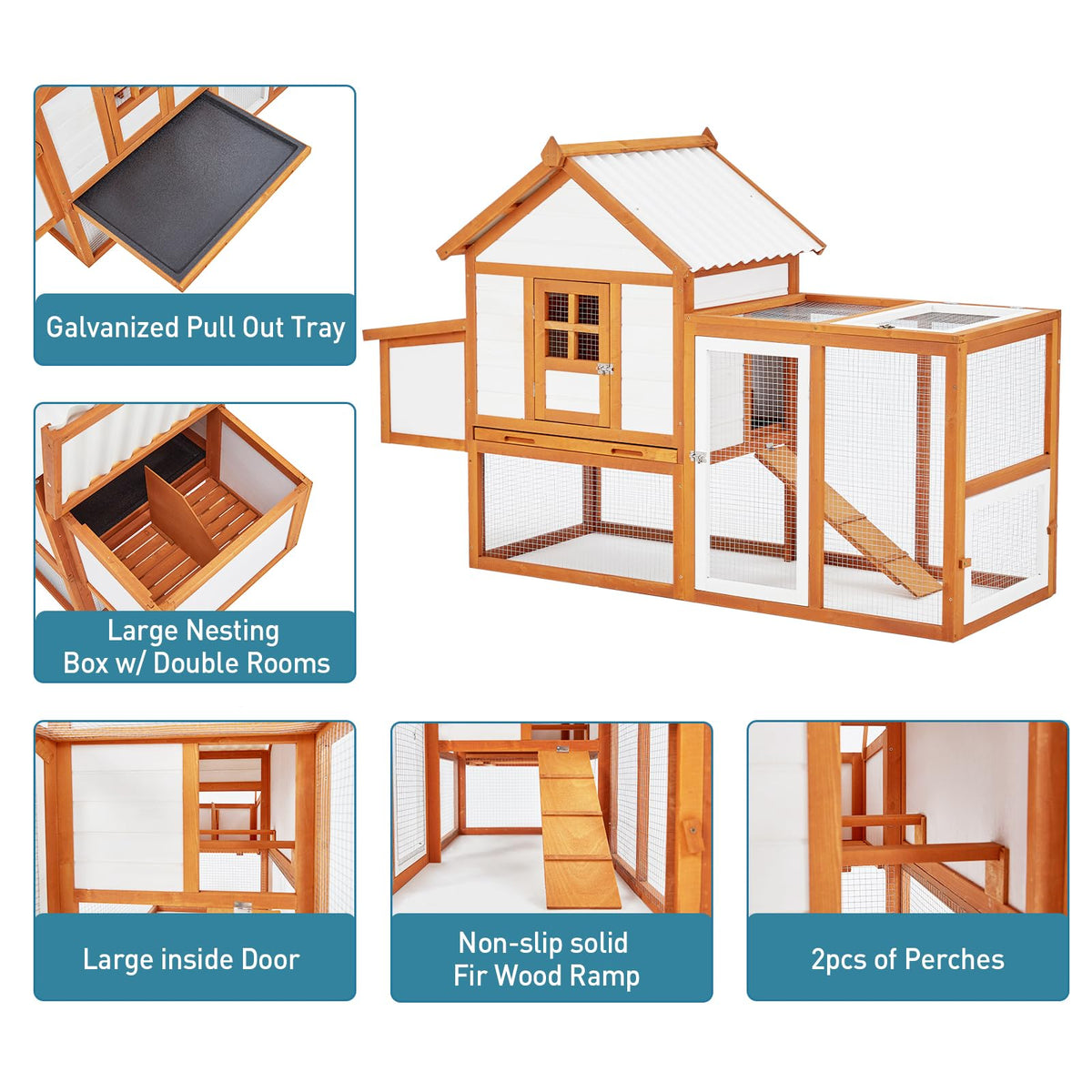 Chicken Coop with Nesting Box and Run, Wooden Outdoor Hen House, Chicken House with Ramp, 5 Access Doors, Removable Tray and Galvanized Wire for Backyard Poultry, Rabbit Hutch