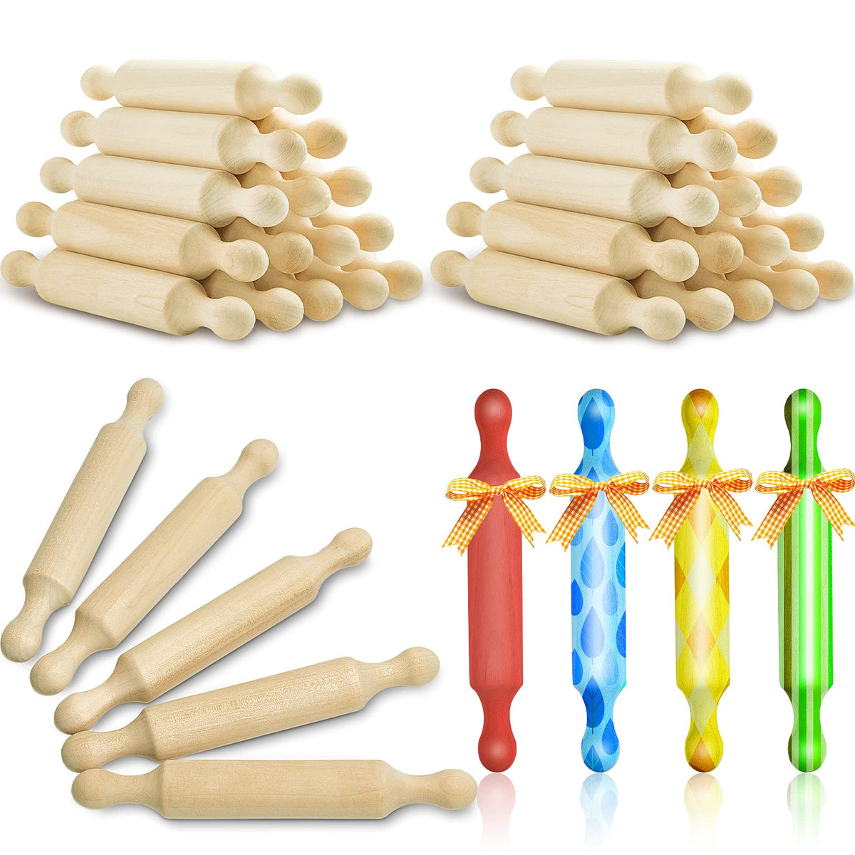 Suclain 30 Pcs Wooden Mini Rolling Pin Long Kitchen Baking Small Dough Rolling Pin for Children Fondant Pastry Pizza Crafting and Imaginative Play for Halloween and Christmas Presents (6 Inches)