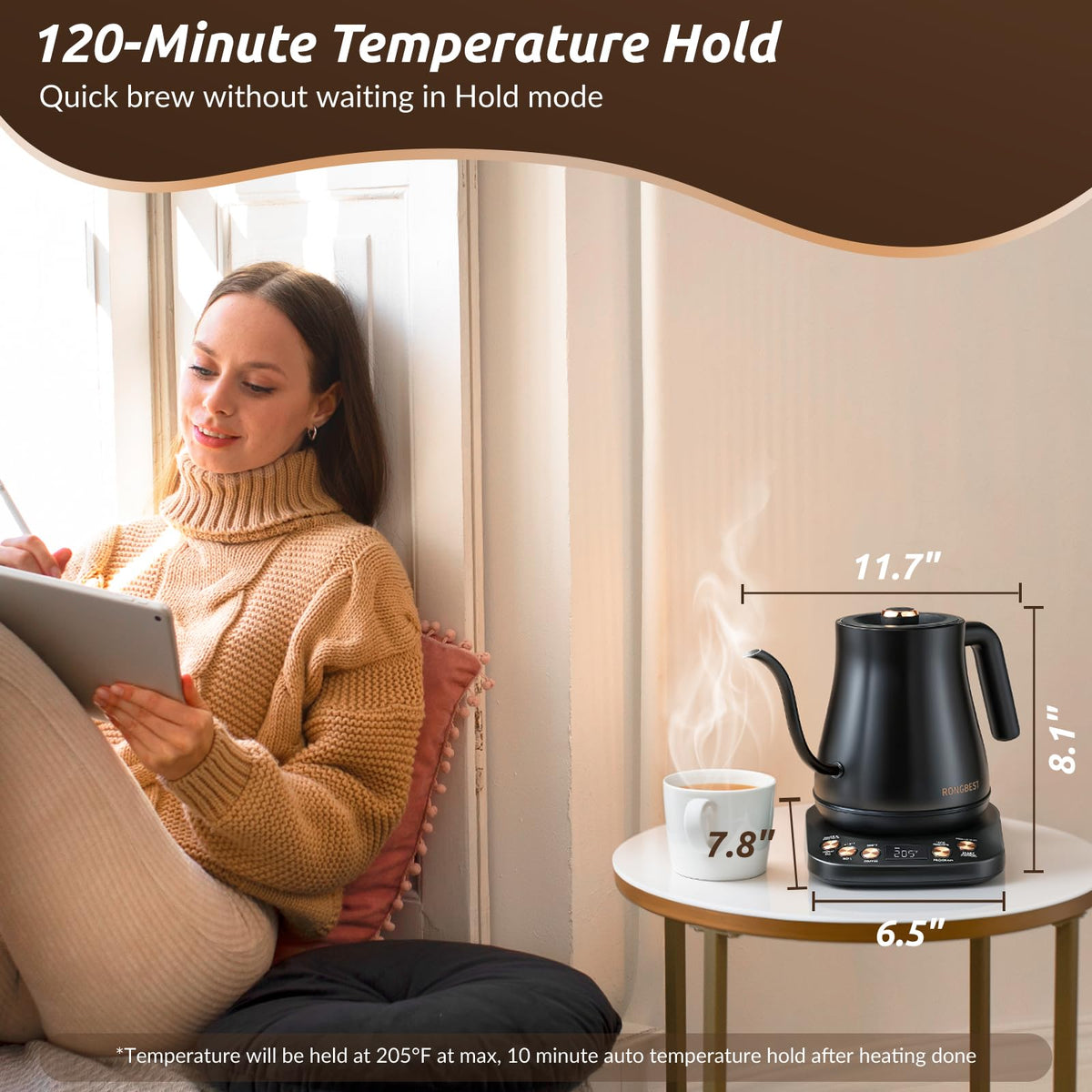 RONGBEST Electric Gooseneck Kettle 1L, 6 Temperature Control Presets, 1200W Quick Heating Water Pour Over Coffee & Tea Pot with Auto Shut-off & Keep-warm, Stainless Steel Inner & Lid, Matte Black
