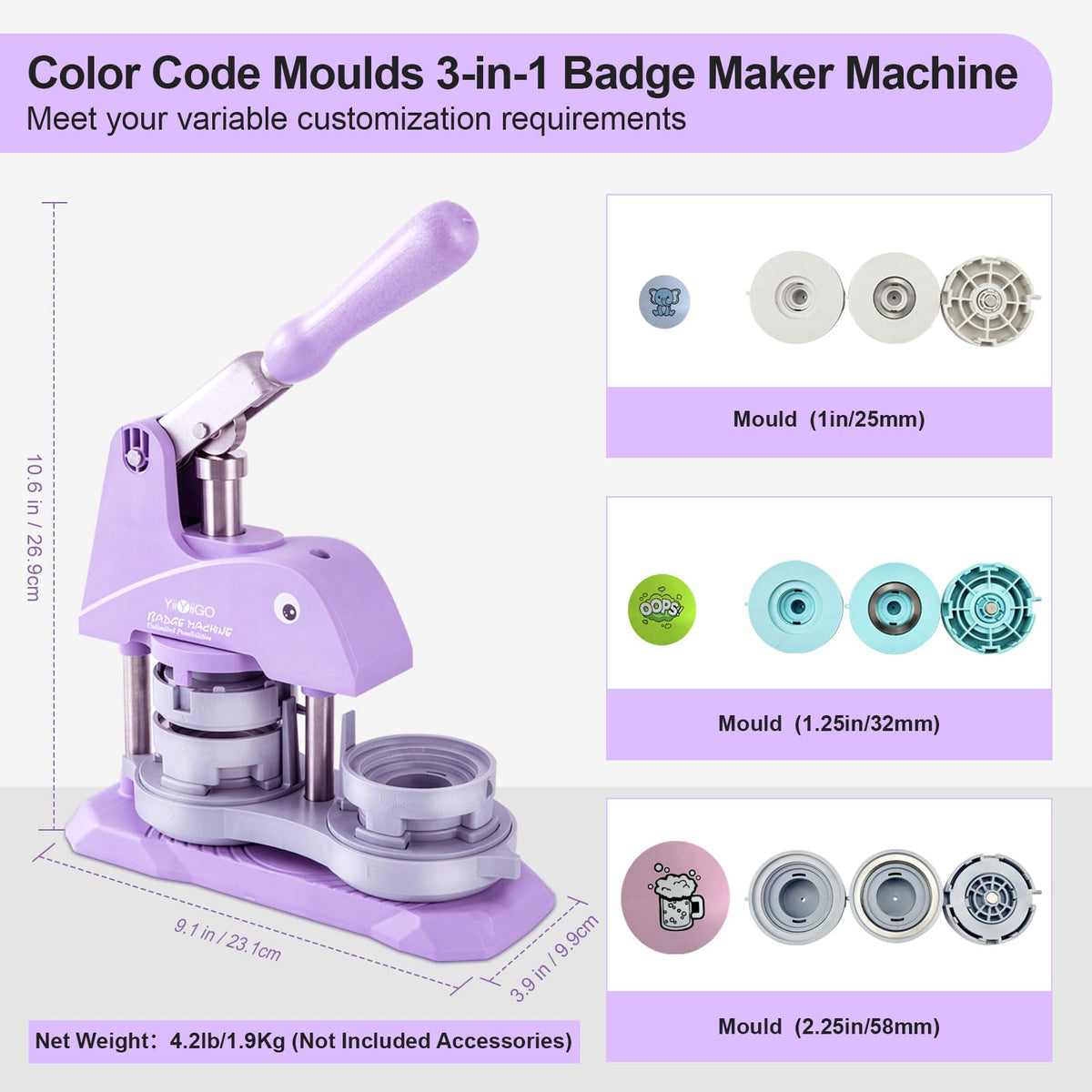 YiiYiiGO Button Maker Machine Multiple Sizes, 1+1.25+2.25 inch Installation-Free Pin Maker Machine, Ideal Pin Press for Kids DIY with Free 300 Sets 25+32+58mm Button Making Supplies(Purple)