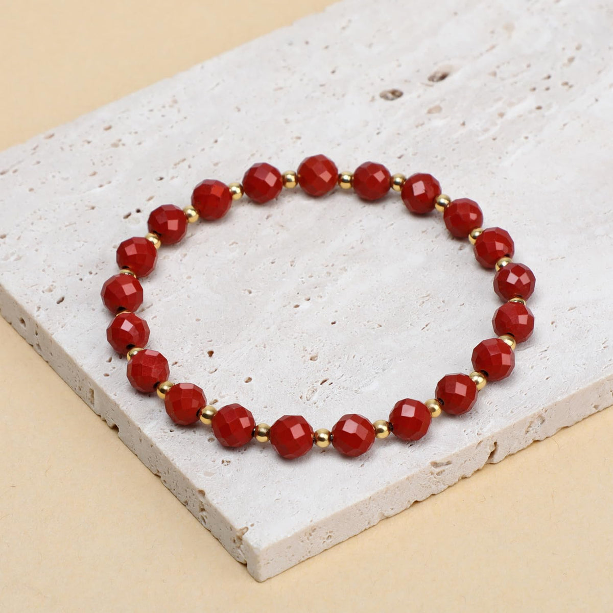 QOGIR Red Jasper - Zen Stone - 14K Gold Plated Beads Natural Gemstone Stretch Elastic Dainty Healing Beaded Bracelets Gifts 6mm