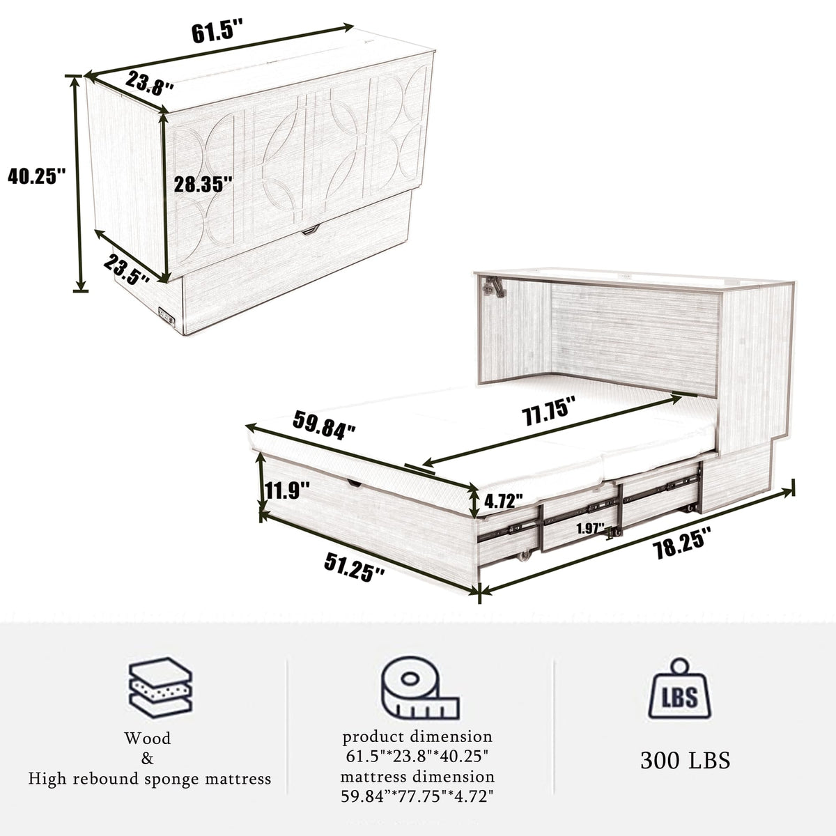 KEIKI Murphy Bed Cabinet Queen - Foldable Wall Bed with Foam Mattress, 2 Large Storage Drawers & USB Charging Station, Space Saving Furniture for Guest Room, Bedroom, Office, Living Room, Grey