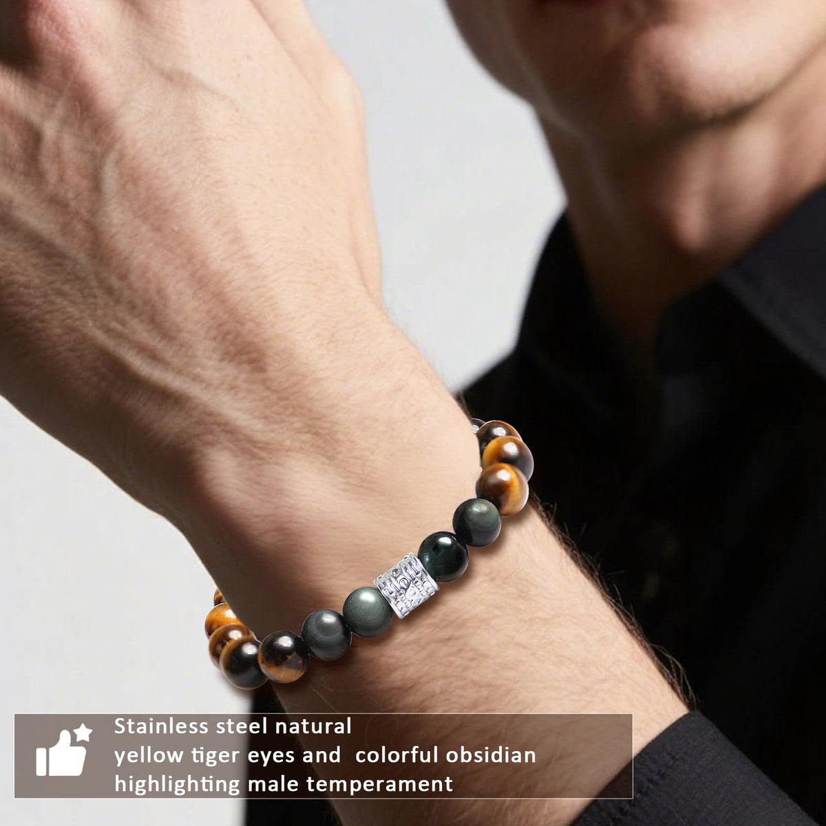 Tiger Eye Obsidian Beaded Bracelets For Men Gemstone Bracelets For Men &Women Fashion Natural Stone Men‘s Jewelry (colourful black&yellow)