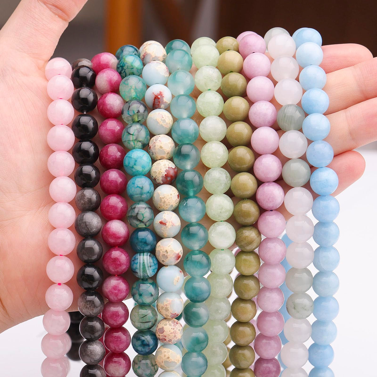35pcs 10mm Natural Gemstone Beads for Jewelry Making Supplies,Avocado Jade Healing Crystal Polished Round Loose Stone Beads for Bracelet Necklace 15 Inch