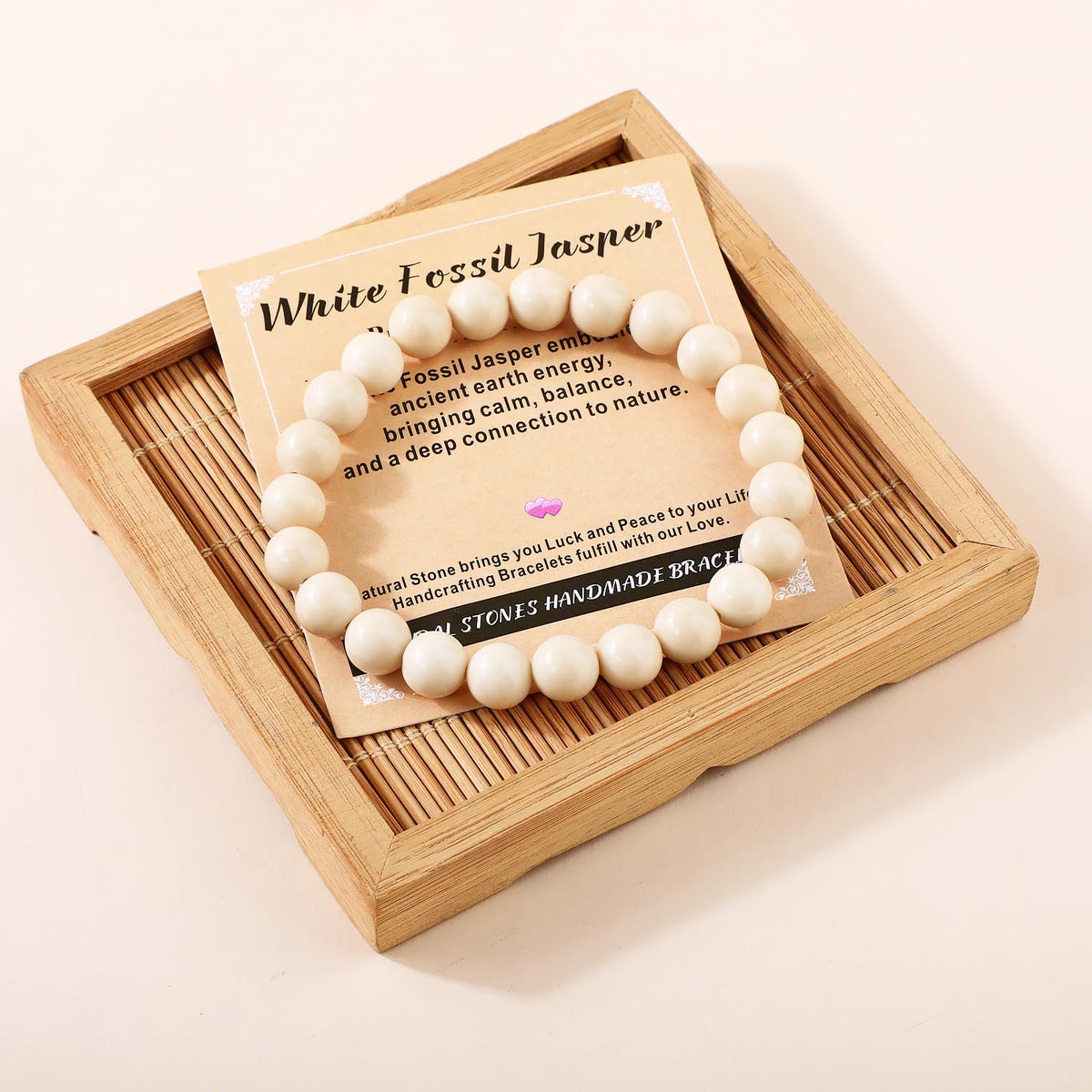 AD Beads 6mm Handmade White Fossil Jasper Elastic Bracelet – Natural Gemstone for Promote calmness – Meditation, Yoga, Healing and Energy Gift for Men Women