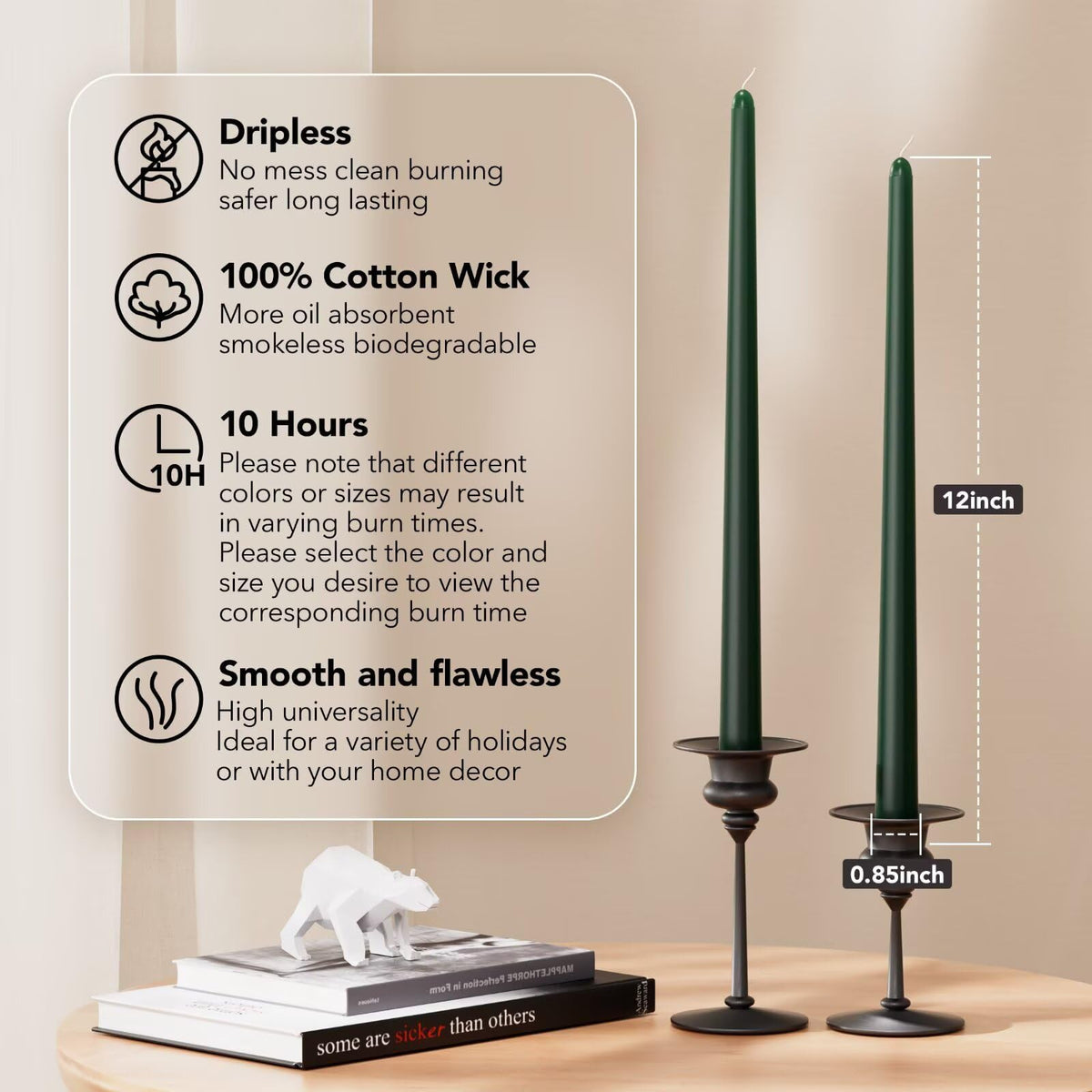 Pickood 12-Inch Tall Dripless Taper Candles Set of 4 - Dark Green Tapered Candles, Perfect for Christmas - Smokeless, Unscented, Long Burning - Hand Poured, Colored Tall Candlesticks - Hunter Green