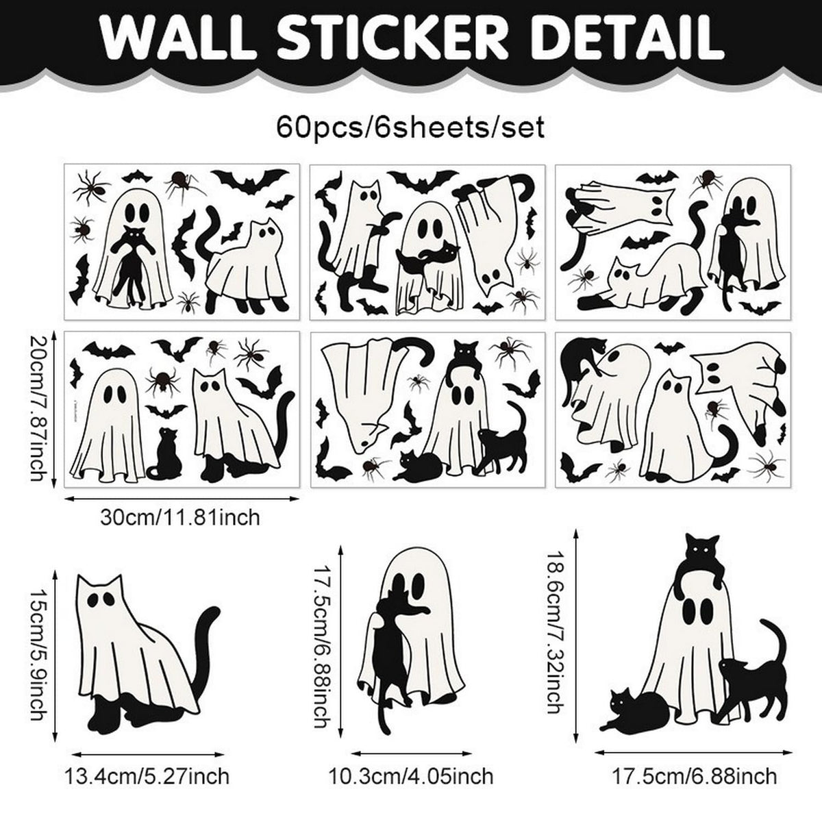 6 Sheets Halloween Window Clings Ghost Window Stickers Halloween Cute Black Cat Bat Designs Double-Side Glass Decals for Home Office Party Favor Windows Glass Decoration Supplies