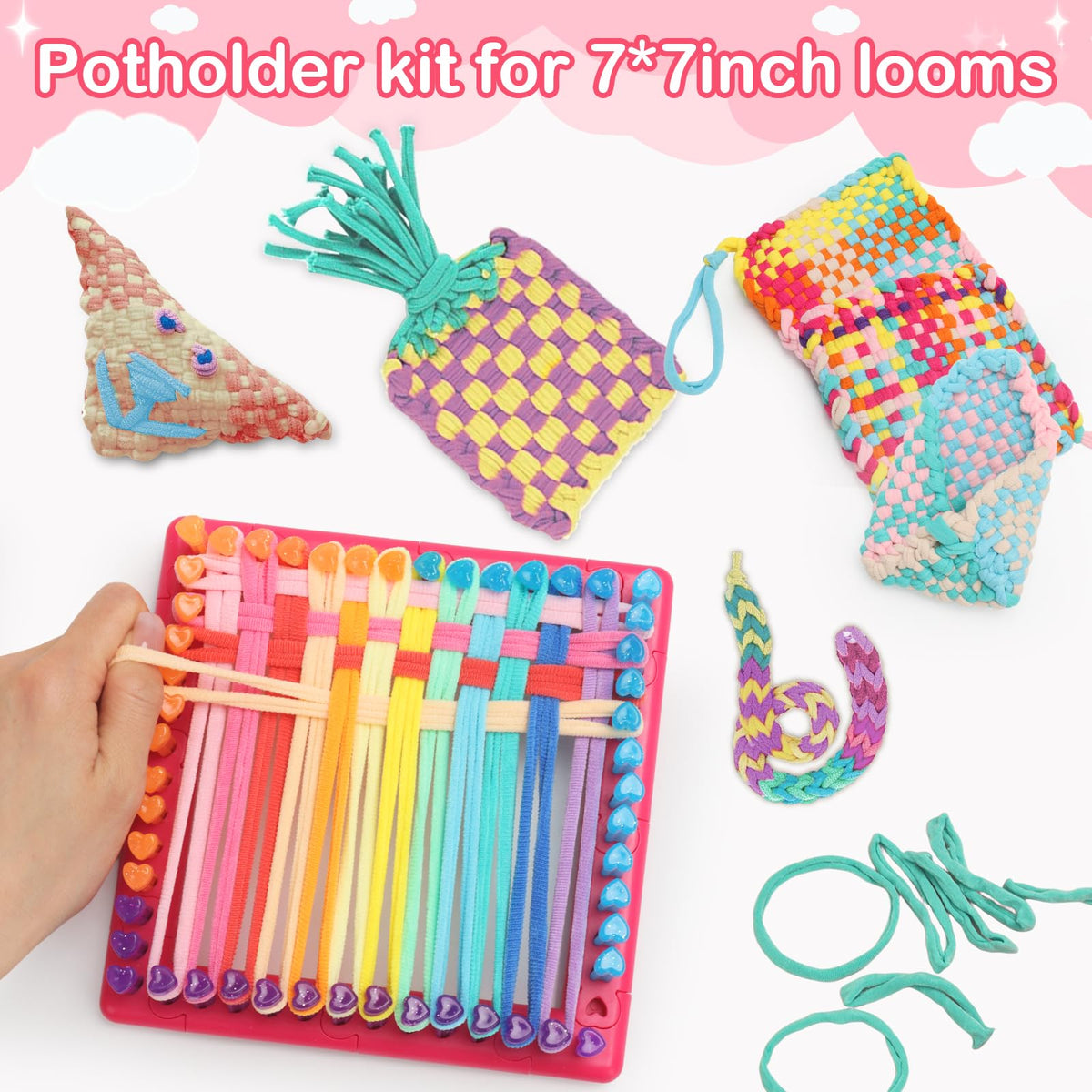 1200 PCS Weaving Loom Loops Potholder 7 inch Durable Nylon DIY Crafts Projects for Kids Adults Rainbow Themed Potholder Weaving Loops Kit Elastic Ideal Gifts for Girls Ages DIY Crafts Supplies