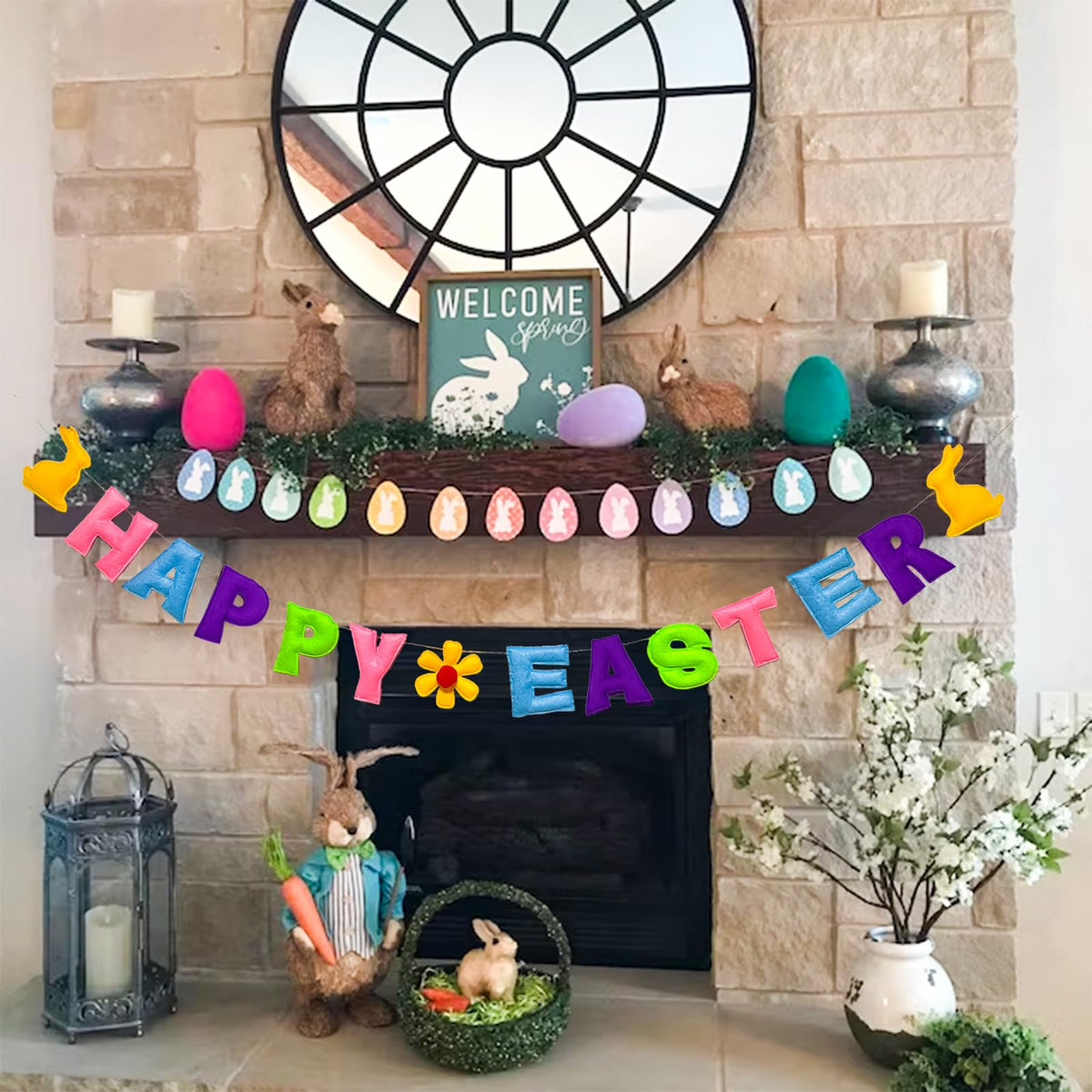 Meygajoe Pre-Strung Reusable Happy Halloween Banner Felt Garland Happy Holiday Sign for Halloween Party Decorations Indoor Outdoor Décor Wall Mantel Fireplace Party Supplies (Happy Easter)