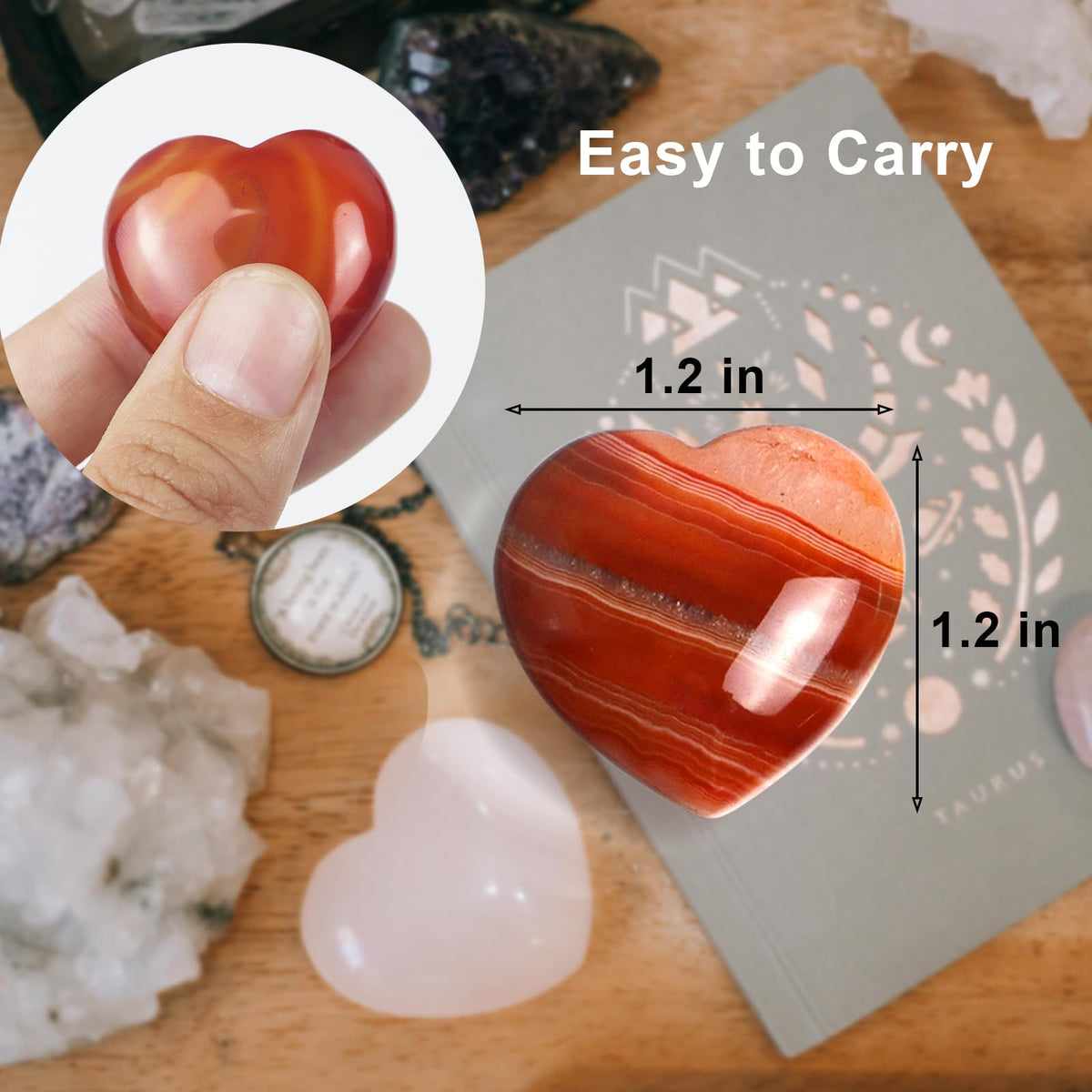 4 Pcs Heart Crystals and Healing Stones, 1.2" Red Agate Polished Love Carved Palm Worry Stone, Reiki Anxiety Stone Gift for Stress Meditation (Red Agate)