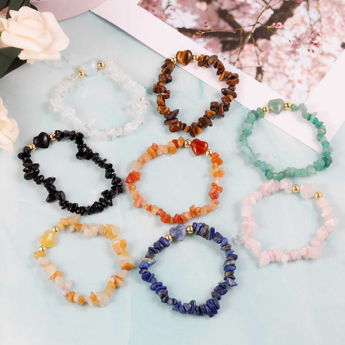 MILAKOO 8Pcs Chip Stone Bracelets Set Heart Love Charms Crystal 7Chakra Stretch Wristband for Women