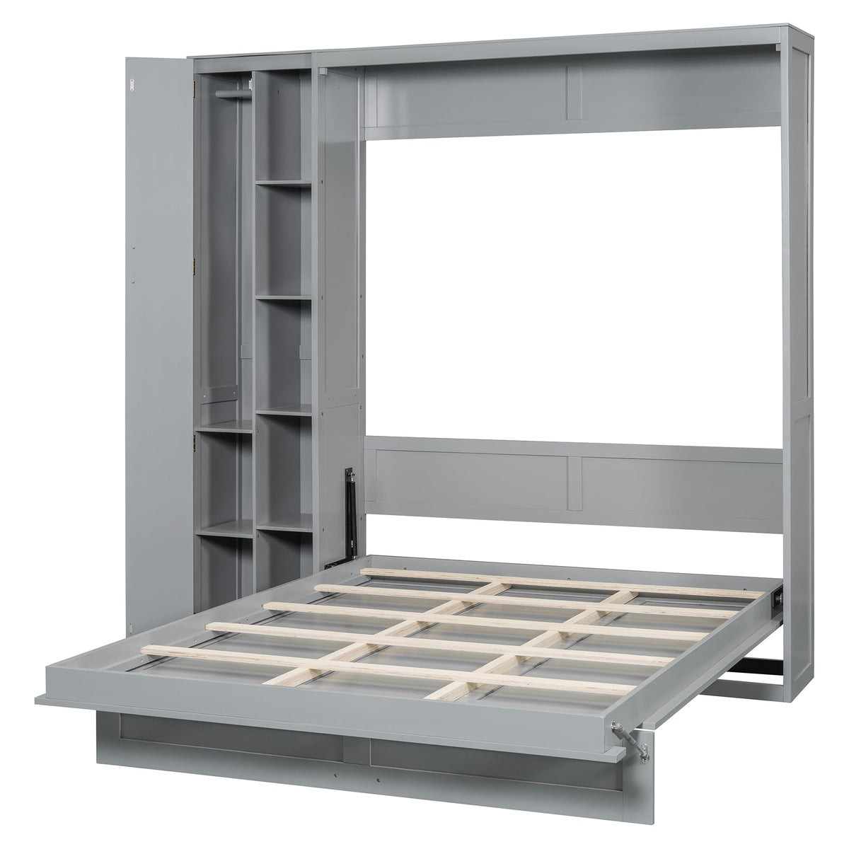 Ball & Cast Murphy Bed Queen Size Wall Chest with Shelves and 4 Drawers,Wood Hideaway Cabinet Platform Bedframe w/LED Lights,can be Folded,Space-Saving,for Small Room,Dorms,Gray