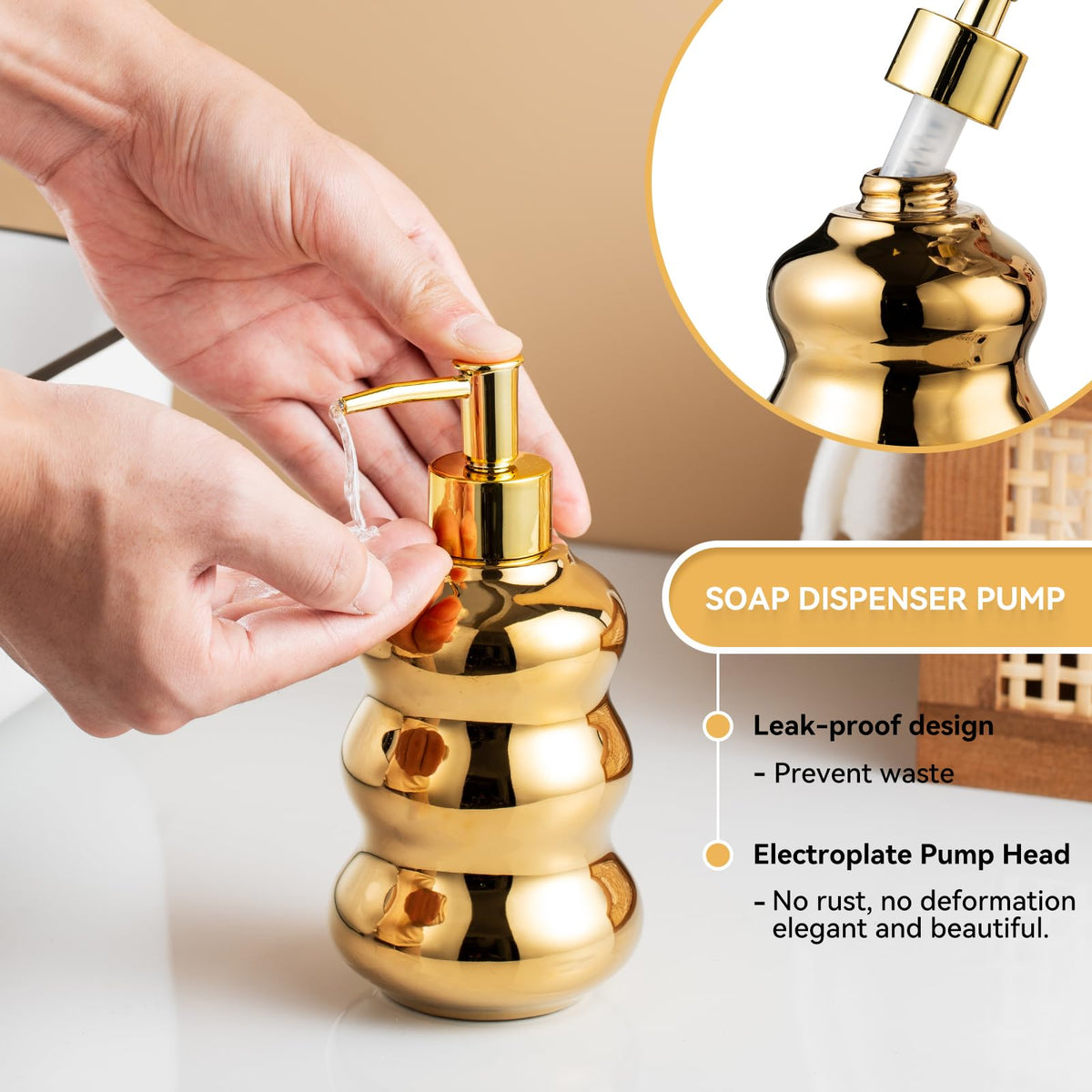 Gold Bathroom Accessory Set, 3-Piece Gold Ceramic Bath Accessories Set with Tray, Lotion Dispenser, and Tumbler for Luxurious Bathroom Decor