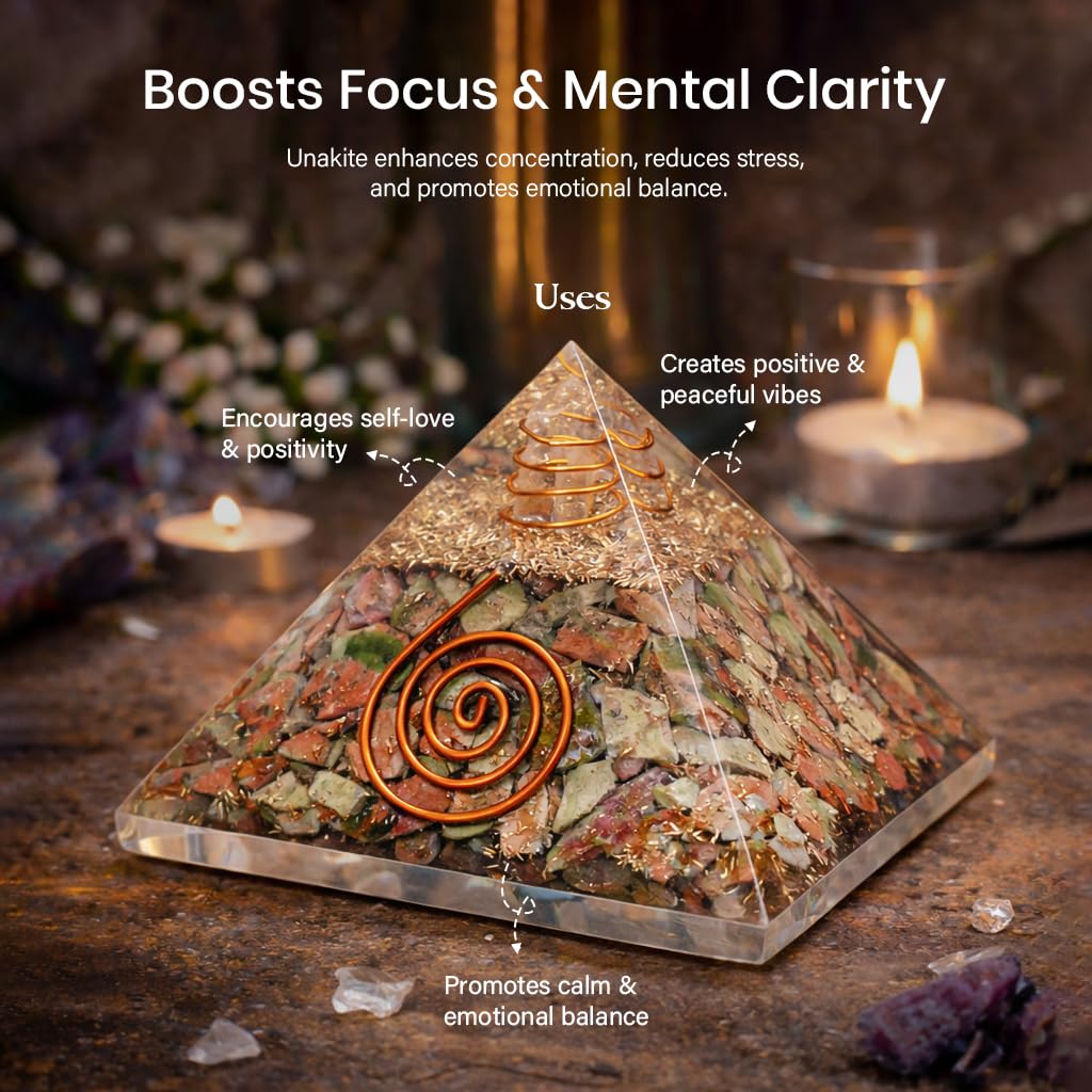 Crocon® Unakite Orgone Pyramid Healing Crystals Stone Orgonite Gemstone Pyramid Stones Reiki Crystal Good Luck Charms Meditation Chakra Organite Home Decor Spiritual Gifts Size 2.5 Inch App.