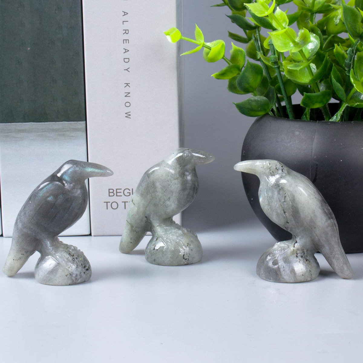 QLRSUXN Natural Labradorite Raven Figurines,2 Inch Healing Crystal Animal Statues,Lucky Guardian Pocket Crow Figurines as Women’s Gifts,Raven Statues for Office Home Decor and Ornament.