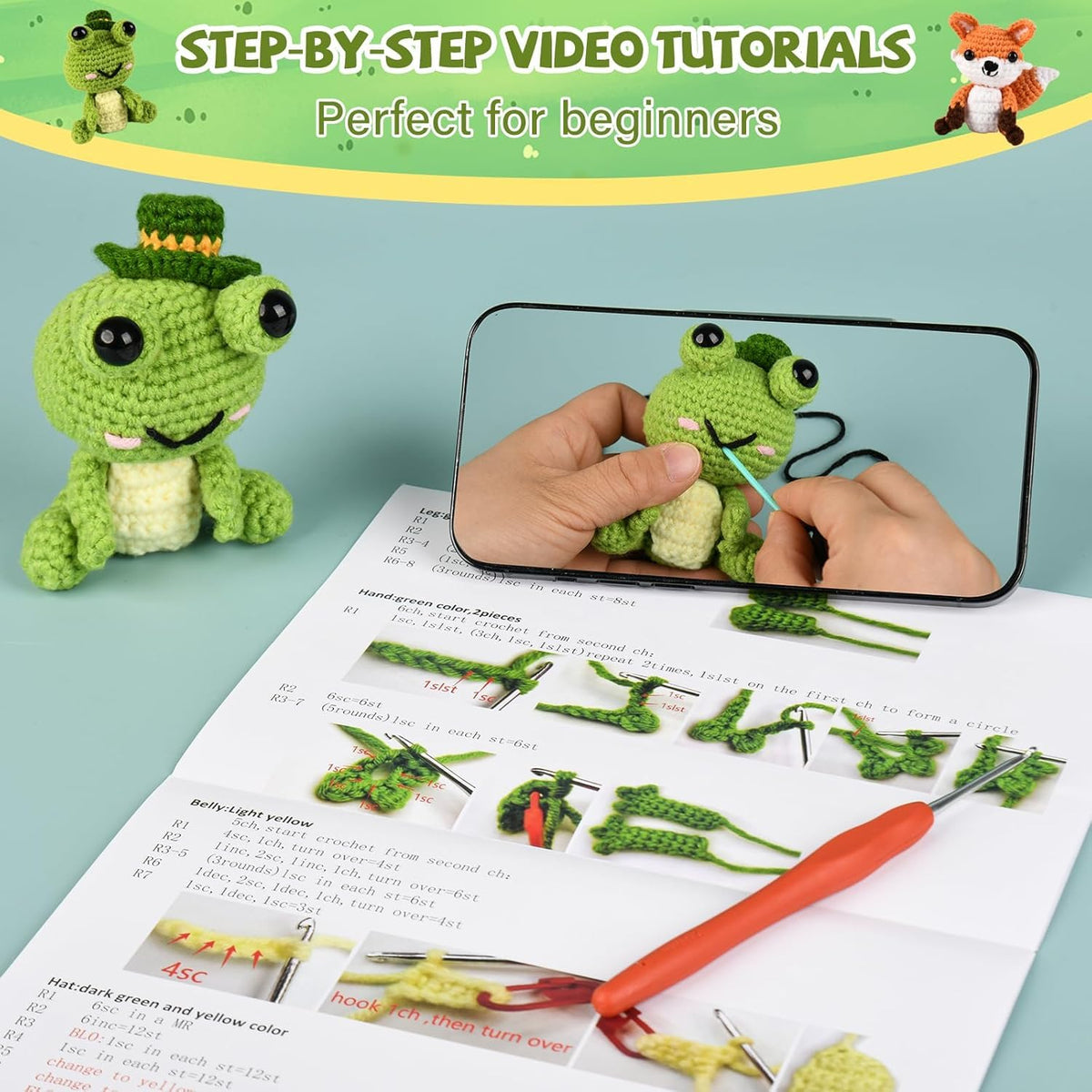 JackCao 6 Pack Crochet Kit for Beginners, 2026 DIY Craft for Adults, Crochet Animal Plush Kit with Step-by-Step Video Guides Tutorials Birthday Gift for Beginner Crochet Lovers ﻿ (Green)