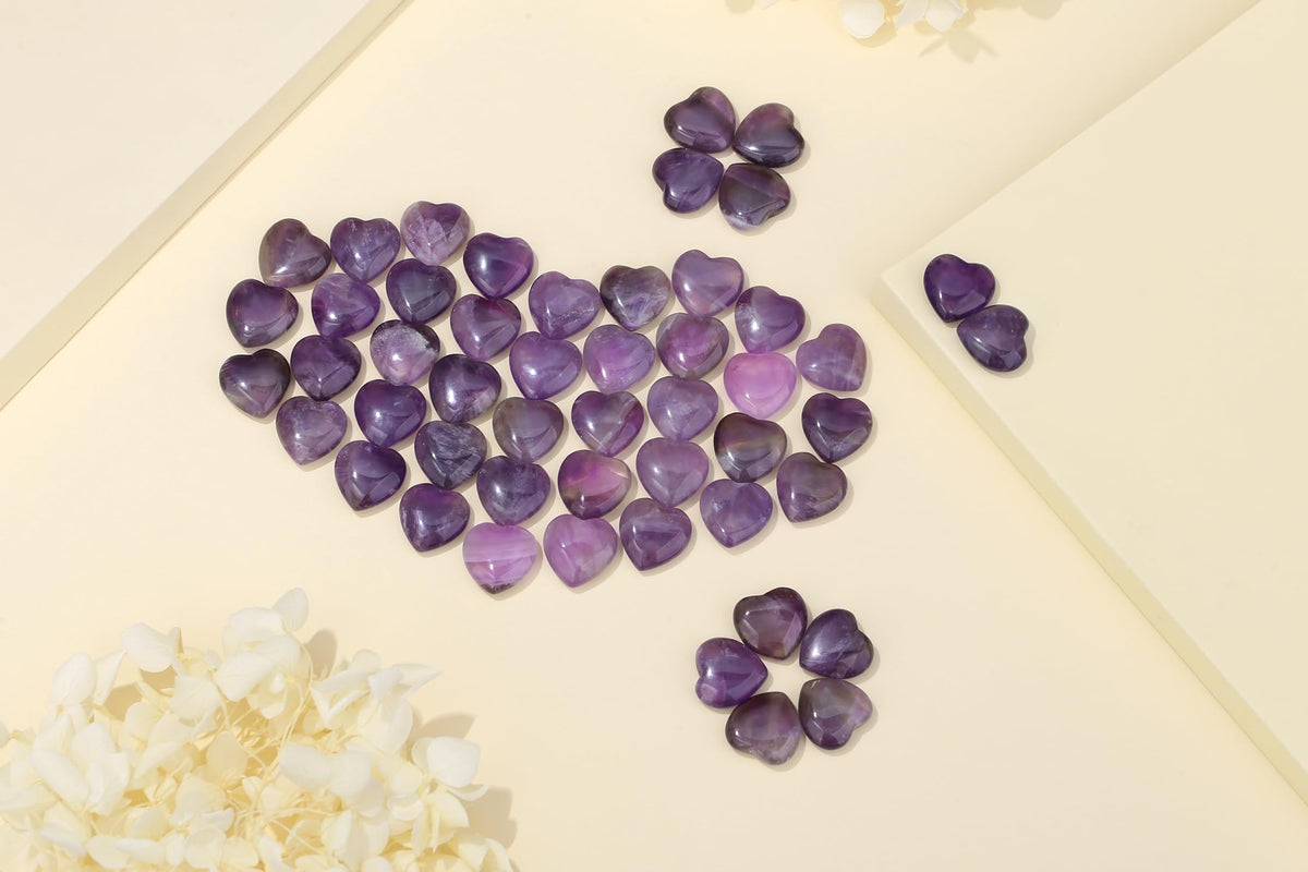 YATOJUZI 20PCS Amethyst Heart Healing Crystals Natural Amethyst Crystal Set Purple Love Stones Polished Stone Bulk Wholesale Mini Pocket Gemstones Reiki Energy Gifts for Women