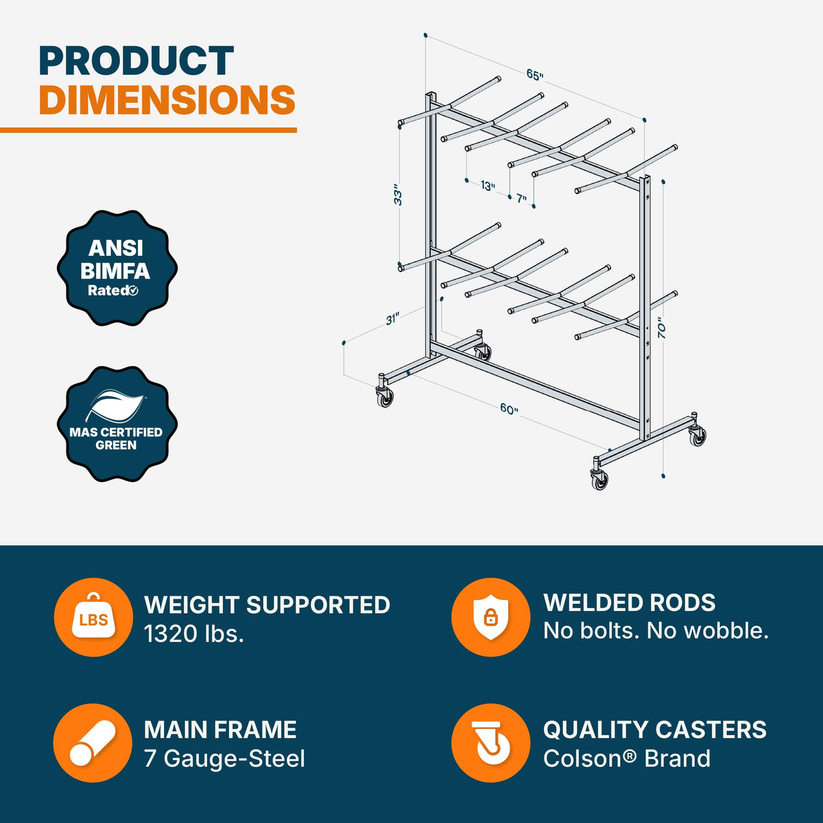 OEF Furnishings OEF84 Series Folding Chair Cart – Heavy-Duty Two-Tier Steel Dolly Rack with Wheels (84 Chairs, Standard Height, Hanging Storage)