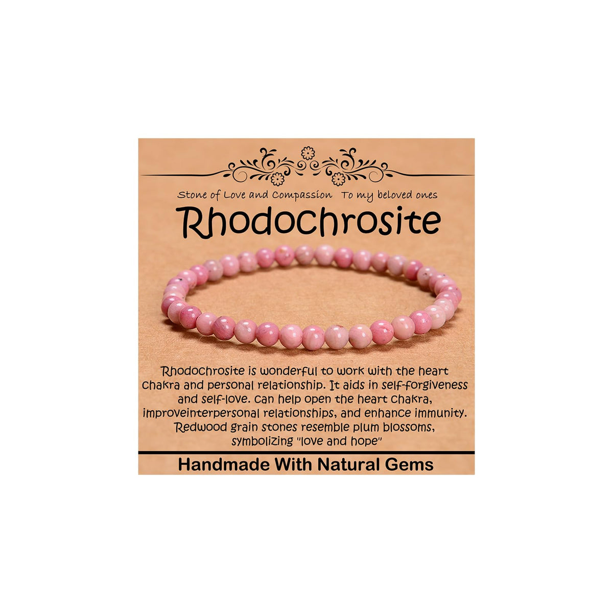 CHCCOYE 4mm Natural Healing Gemstone Bracelet Handmade Yoga Stretch Elastic Bracelet Stress Relief Crystal Jewelry for Men and Women (4mm, Rhodochrosite)