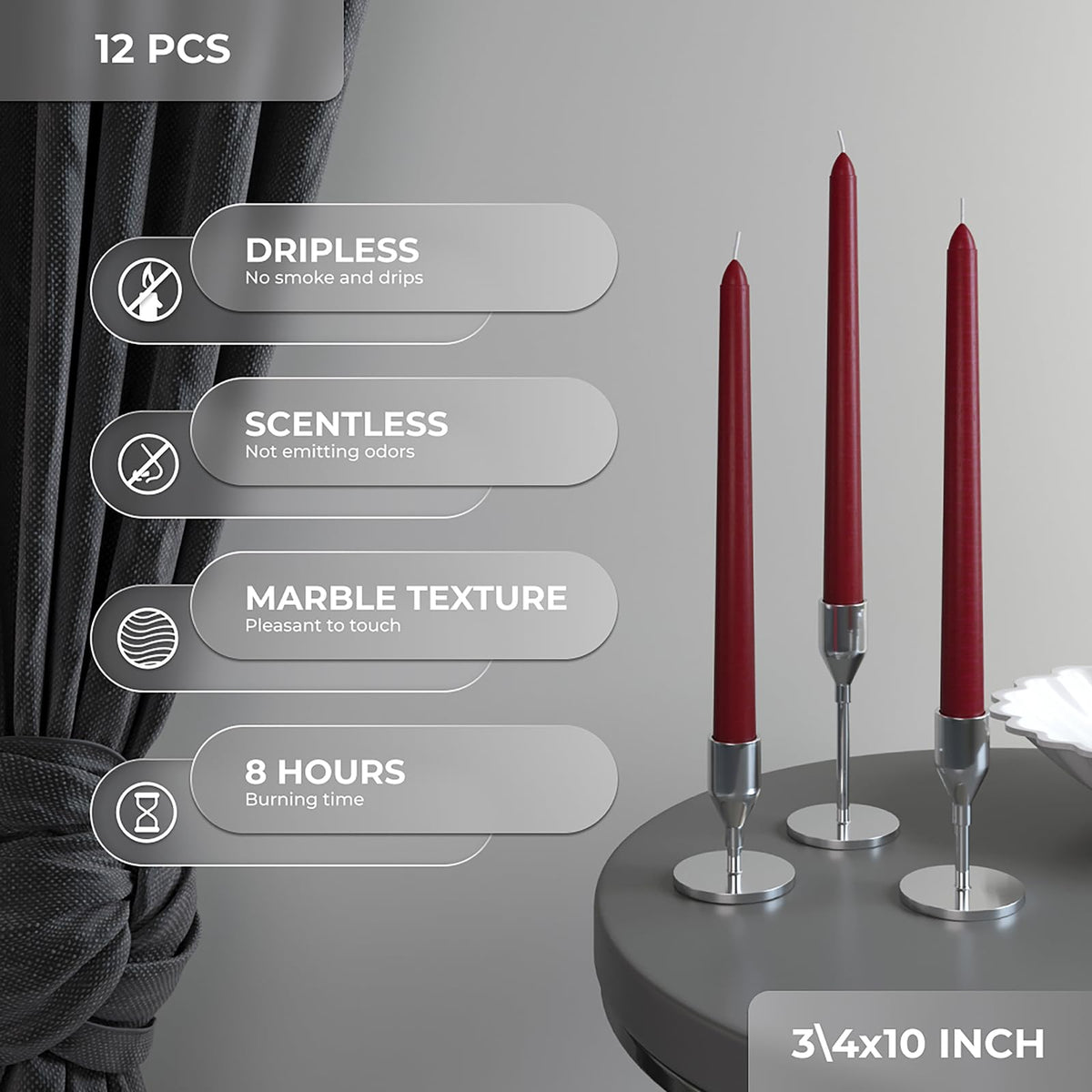 CANDWAX 10 inch Burgundy Taper Candles Set of 12 - Unscented Dripless Burgundy Candlesticks - Christmas Taper Candles with Burning Time up to 8 Hours - Christmas Candle Sticks