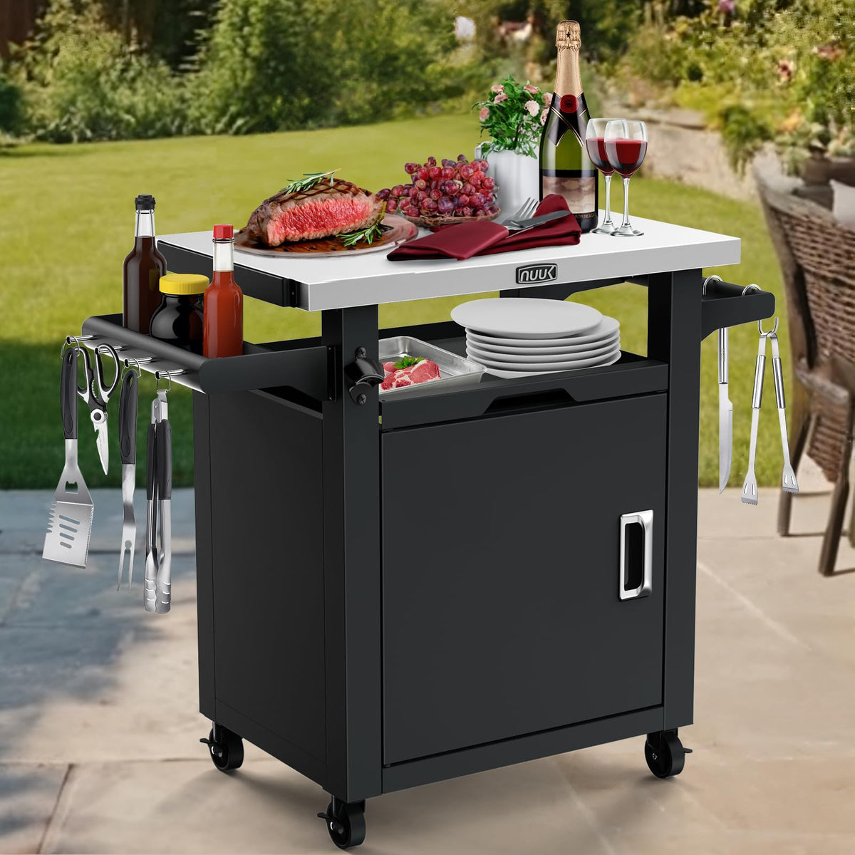 NUUK Grill Table with Storage Cabinet, Outdoor Bar Cart Pizza Oven Table with Wheels, Stainless Steel Top Kitchen Island 20" x 30" Rolling Prep Station for Indoor, BBQ, Deck, Backyard