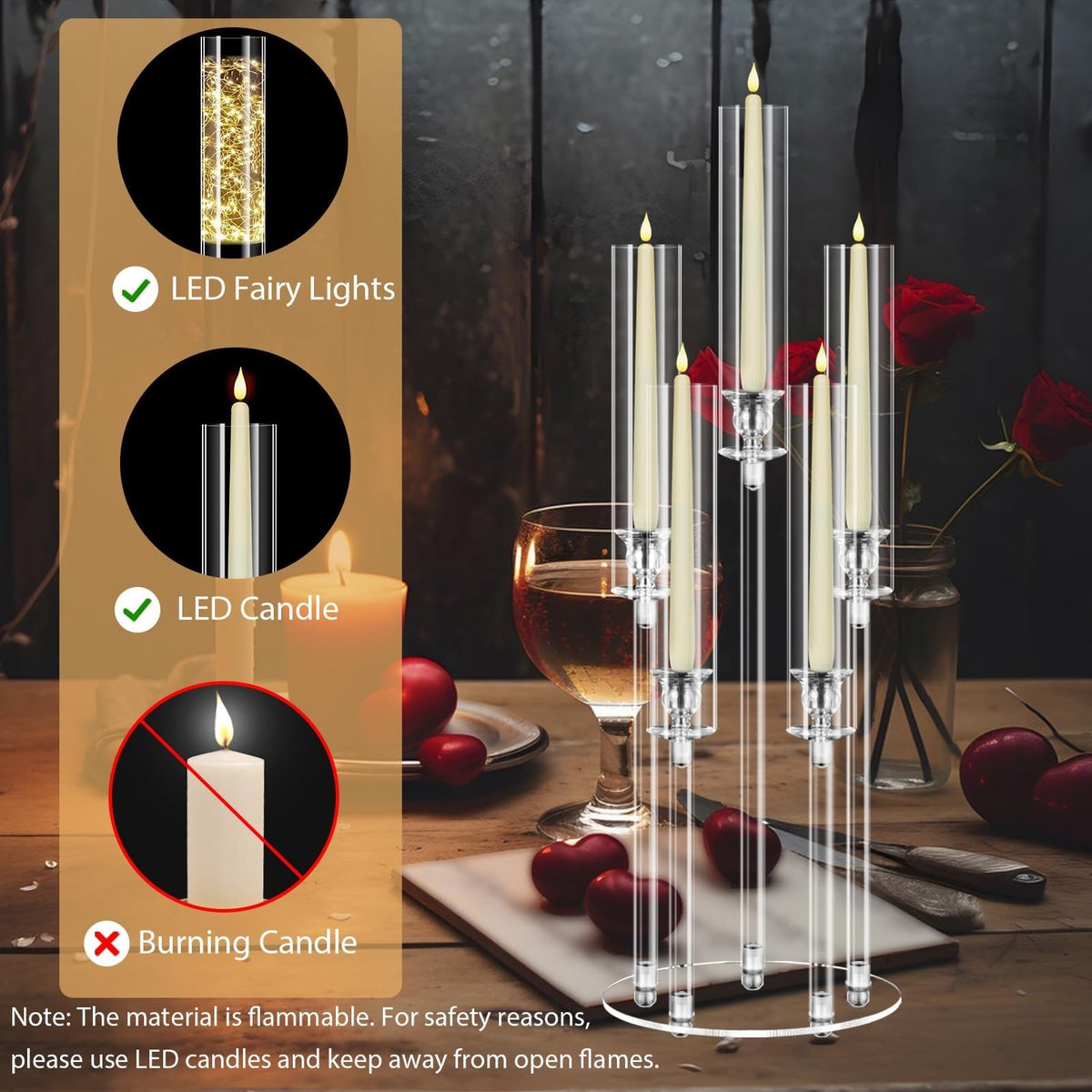 5 Arms Acrylic Candelabra Centerpieces for Tables, Clear Candle Holder for Halloween Christmas Wedding Party Decor, 27" Tall Candlestick Holders with Lampshade, Fits LED Candle(1pcs)