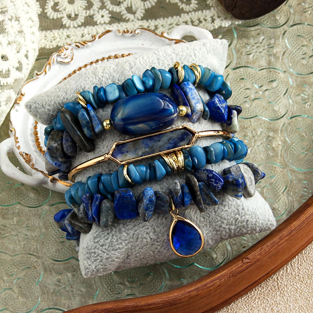 Yomisa 5PCS Natural Boho Beaded Bracelets Bangle for Women Men,Healing Turquoise Tiger eyes Agate Crystal Gemstone Stone Diamond Chakra Multi Wrap Bohemian Handmade Jewelry Beads Stretch Bracelet Set