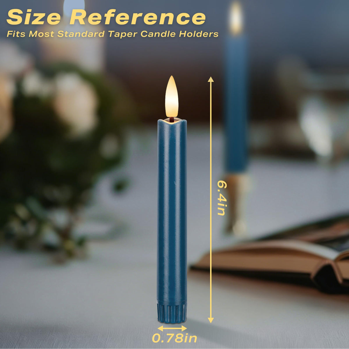 AFINETH Blue Flameless Taper Candles with Remote, Short Battery Operated LED Candles, 6.4inch Flickering Flameless Candlesticks for Table Centerpiece, Wedding, Mantel, Window Decor, Set of 6