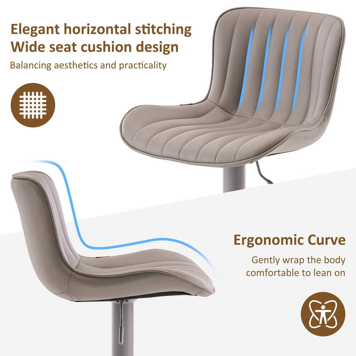 YOUNIKE Grey Bar Stools Set of 2 with Padded Back Adjustable Height Comfy Upholstered Faux Leather Bar Chairs Modern Swivel Kitchen Counter Barstools for Home Breakfast Island