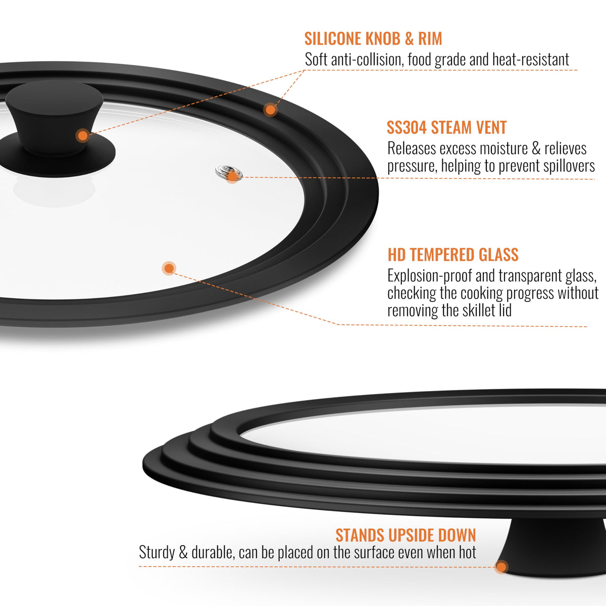CnSneg Universal Lids for Pots, Pans and Skillets, 10.5", 11" and 12" Pan Lid, Tempered Glass Pot Lid with Silicone Rim Heat Resistant, Replacement Pan Cover for Frying, Wok, Crock Pot Lid, Black