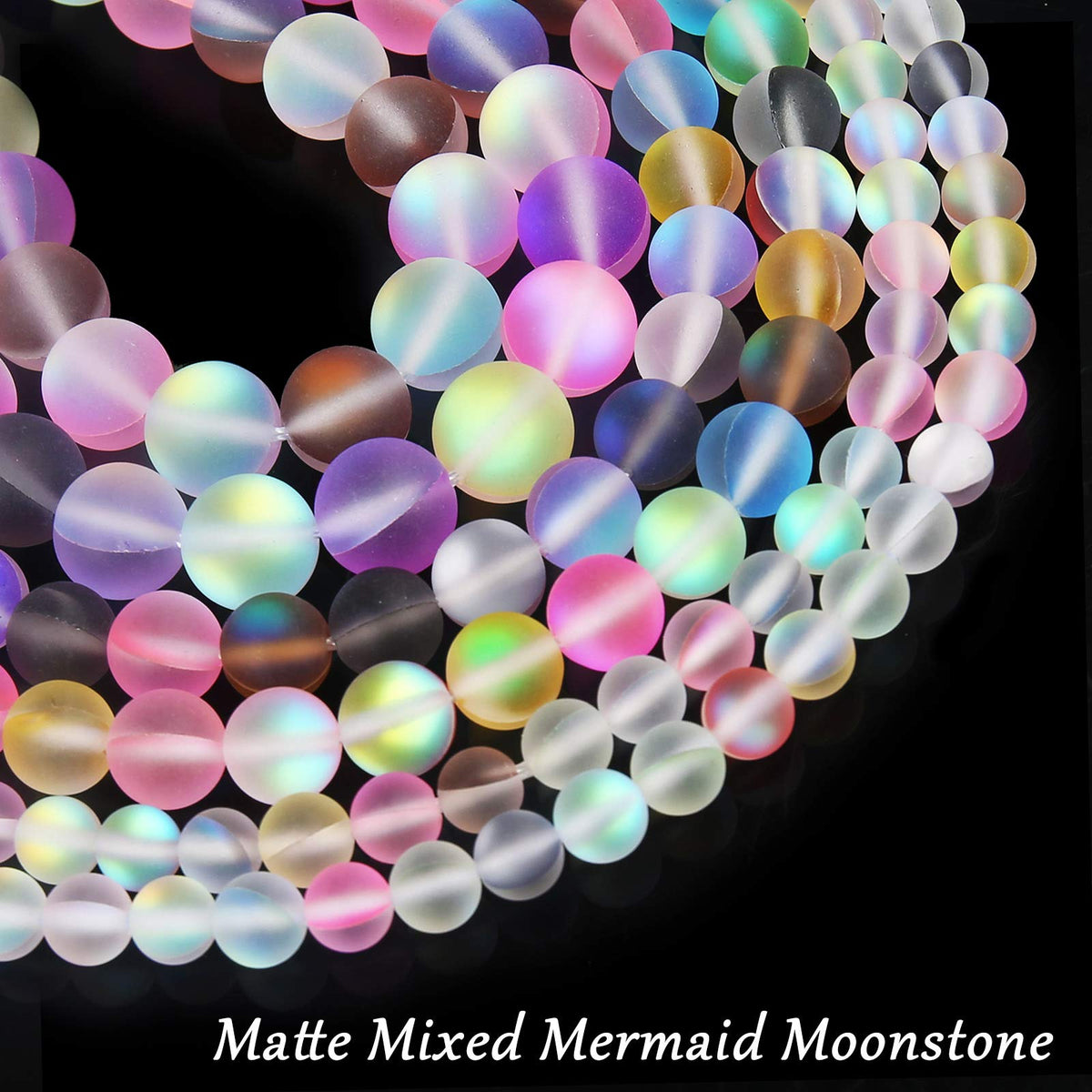 Matte Mixed Color Aurora Crystal Glass Beads, 10MM Frosted Glitter Shining Mermaid Round Loose Beads, Rainbow Holographic Synthetic Moonstone for Jewelry Making DIY Bracelet