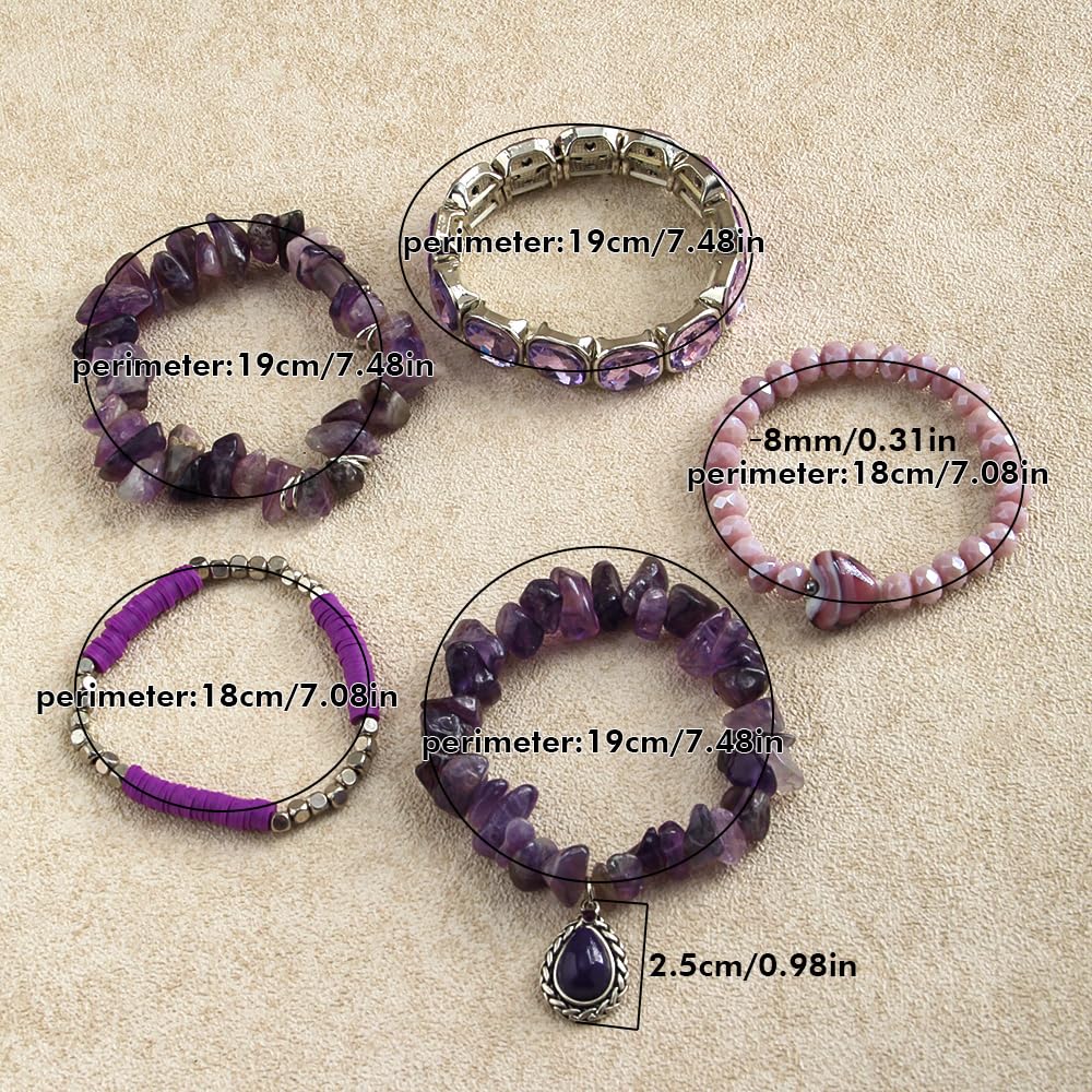 Yomisa Boho Beaded Bracelets for Women,Multilayer Wrap 5PCS Healing Natural Amethyst Stone Bead Bracelets Handmade Stackable Friendship Stretchy Beaded Bracelet Set Trendy Bohemian Jewelry Gift Women