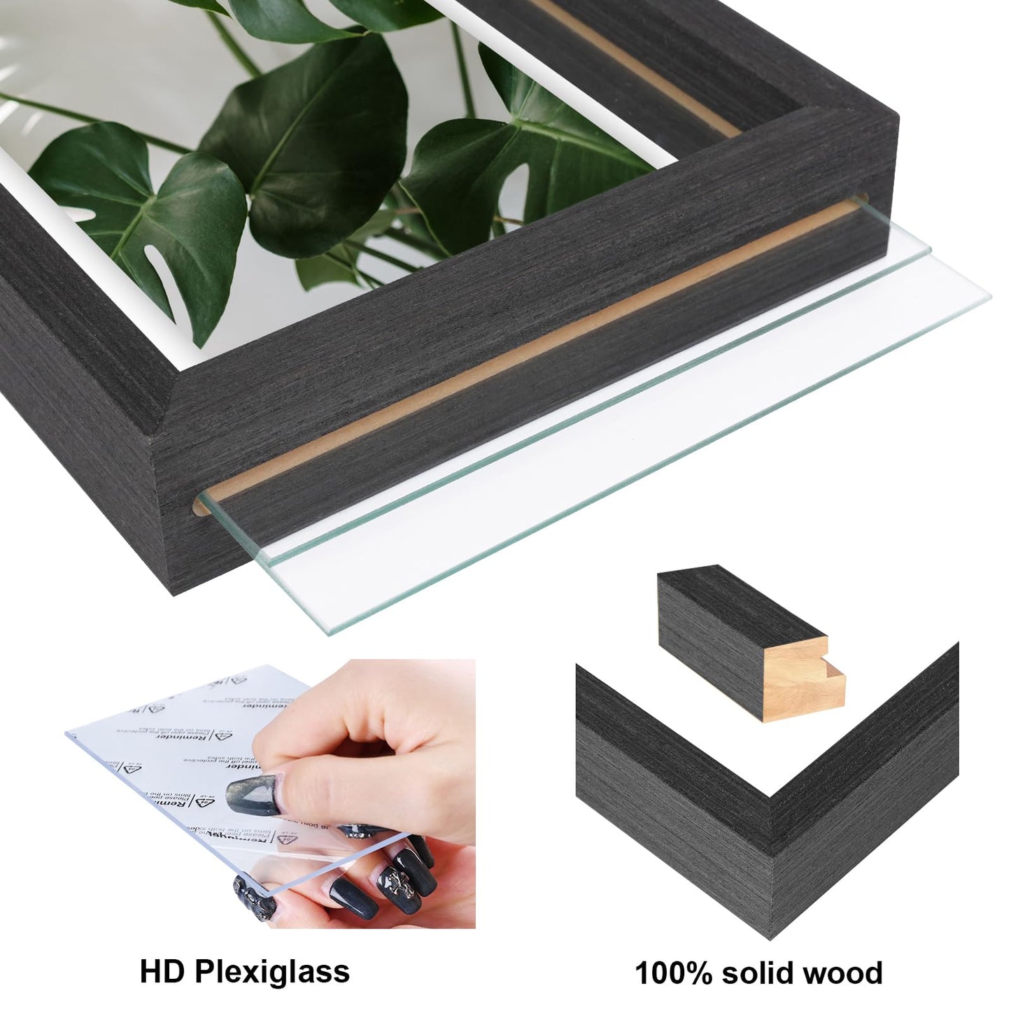 Egofine 8x10 Floating Frames Set of 2, Double Plexiglass Picture Frame, Made of Solid Wood Display Any Size Photo up to 8x10, Wall Mount or Tabletop Standing, Faded Black