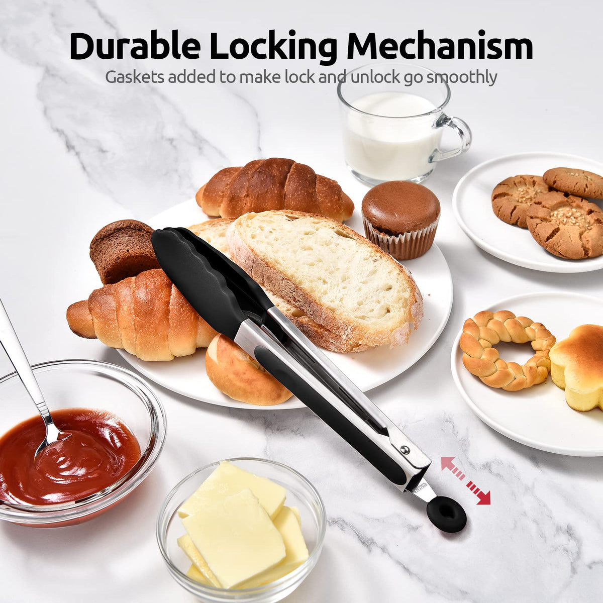 600ºF Heat Resistant Kitchen Tongs: U-Taste 9 inch Silicone Cooking Tong with Firm Sealed Non Stick Rubber Tips & Silicon Coated 18/8 Stainless Steel Handle & Smooth Locking for Serving Salad (Black)