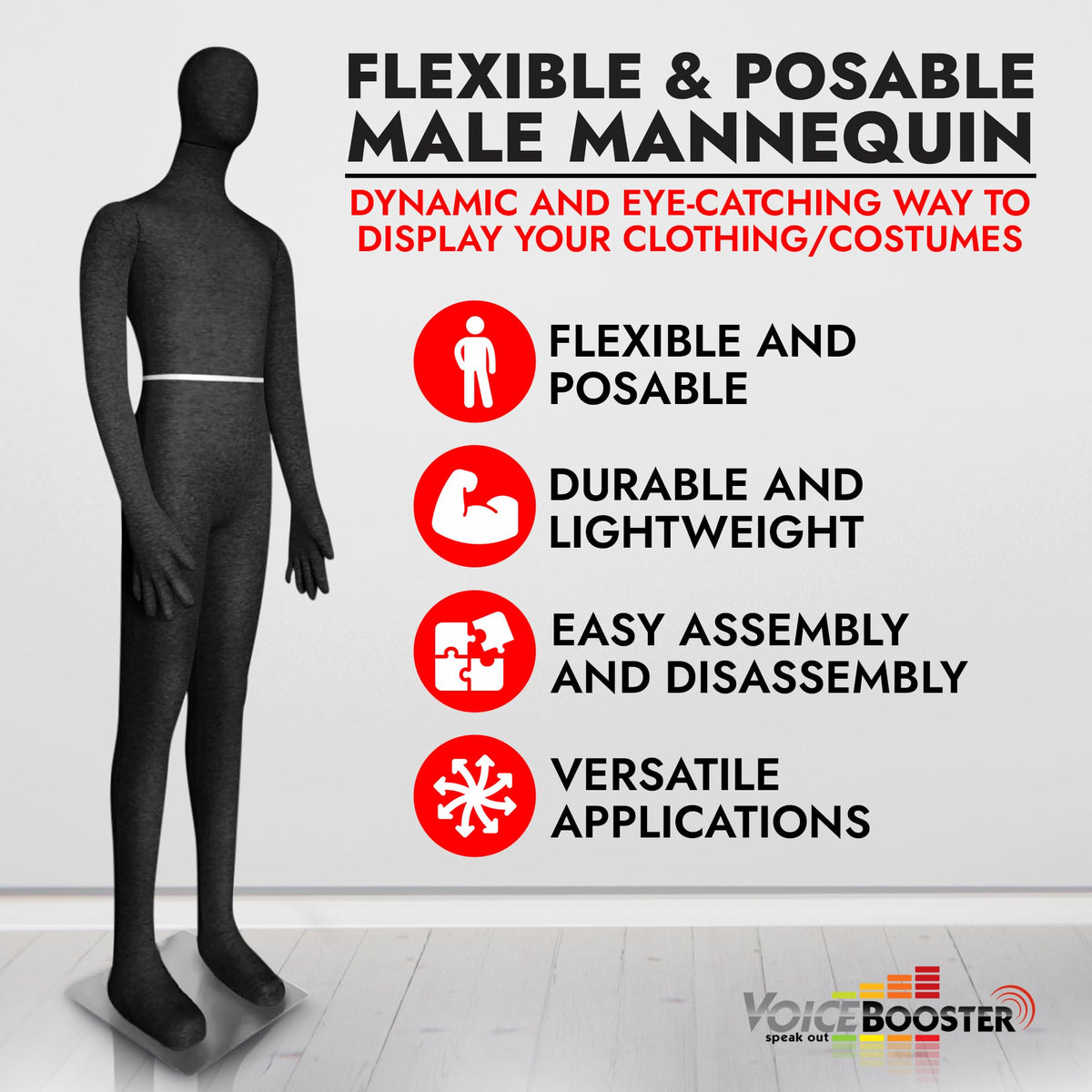 Full Body Male Mannequin by Voicebooster Speak Out - Flexible, Bendable, Poseable Standing Mannequin with Adjustable Arms - Soft Foam Dress Form for Costumes, Clothing Display, Sewing - Black