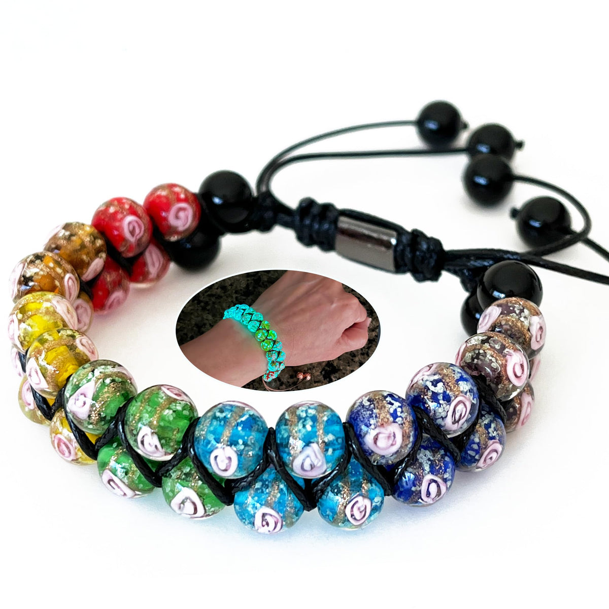 ARTSY Crafts Glow in The Dark Firefly Beads Bracelets, 7 Chakras Crystal Mermaid Glass Beaded Bracelets for Anti Anxeity Healing Energy Money Wealth Abundance Stackable Bangle Wristband (Multi)